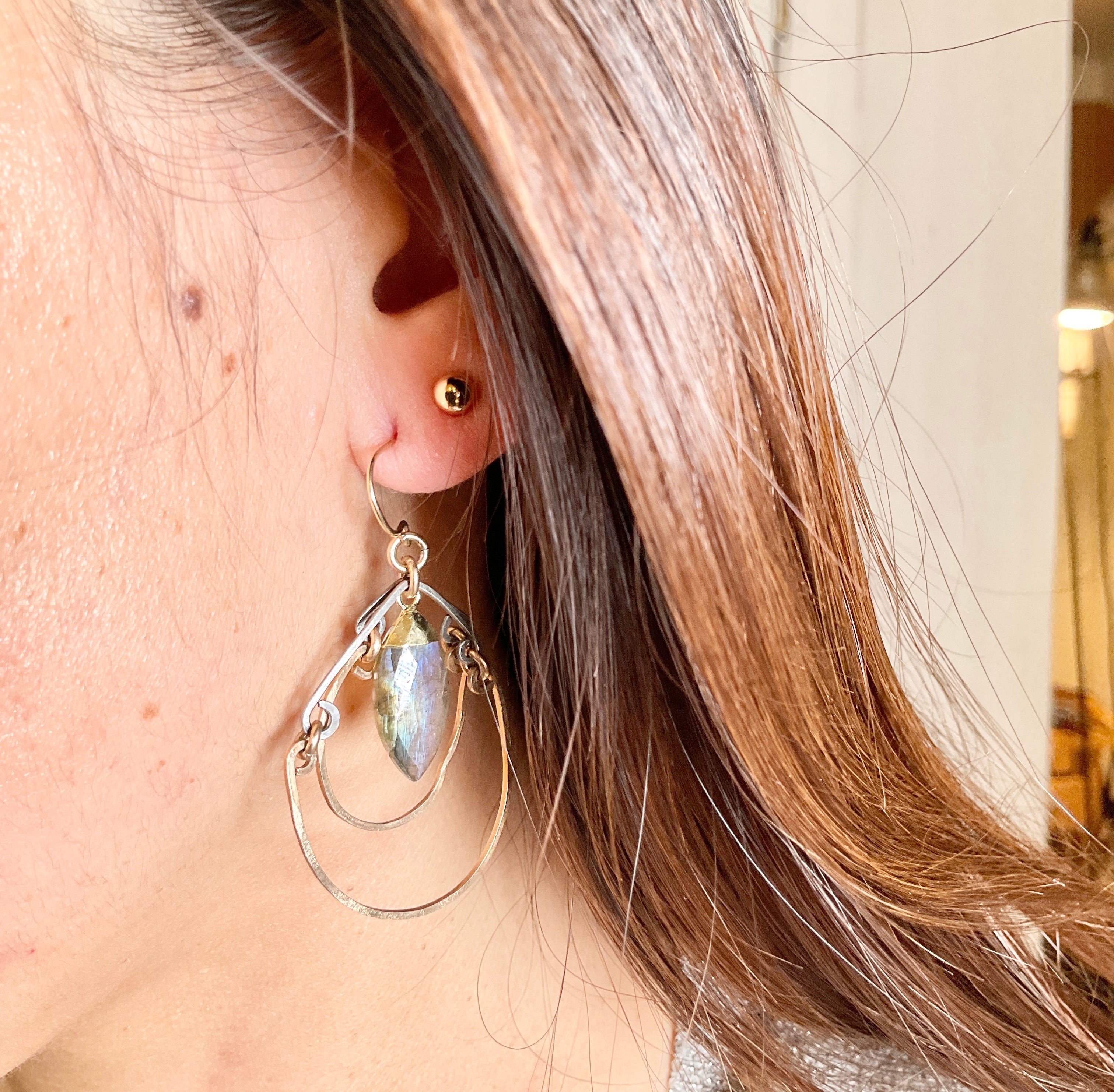 Double Circle Labradorite Mixed Metal Earrings