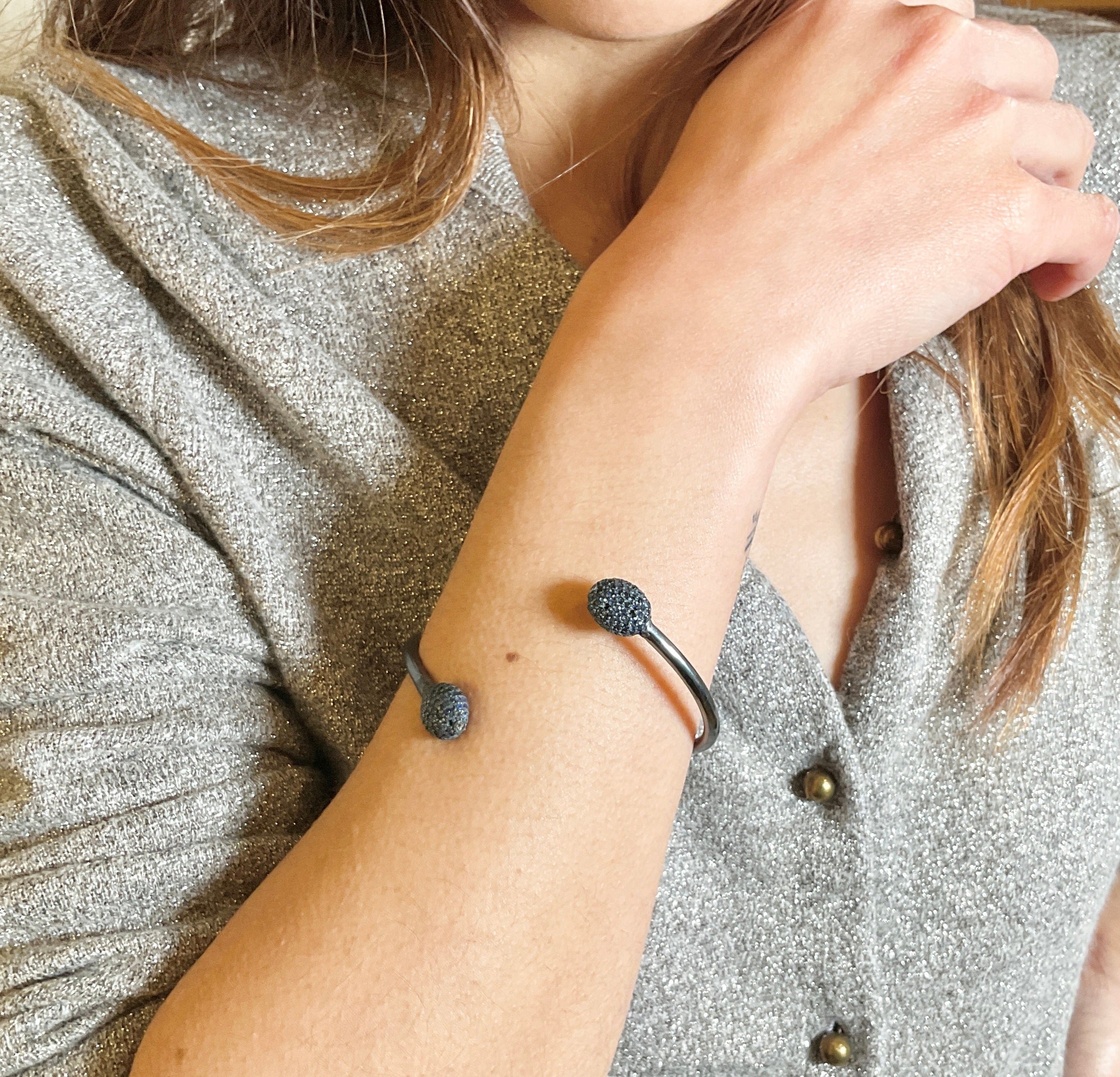 Sapphire Oxidized Open Bangle Bracelet