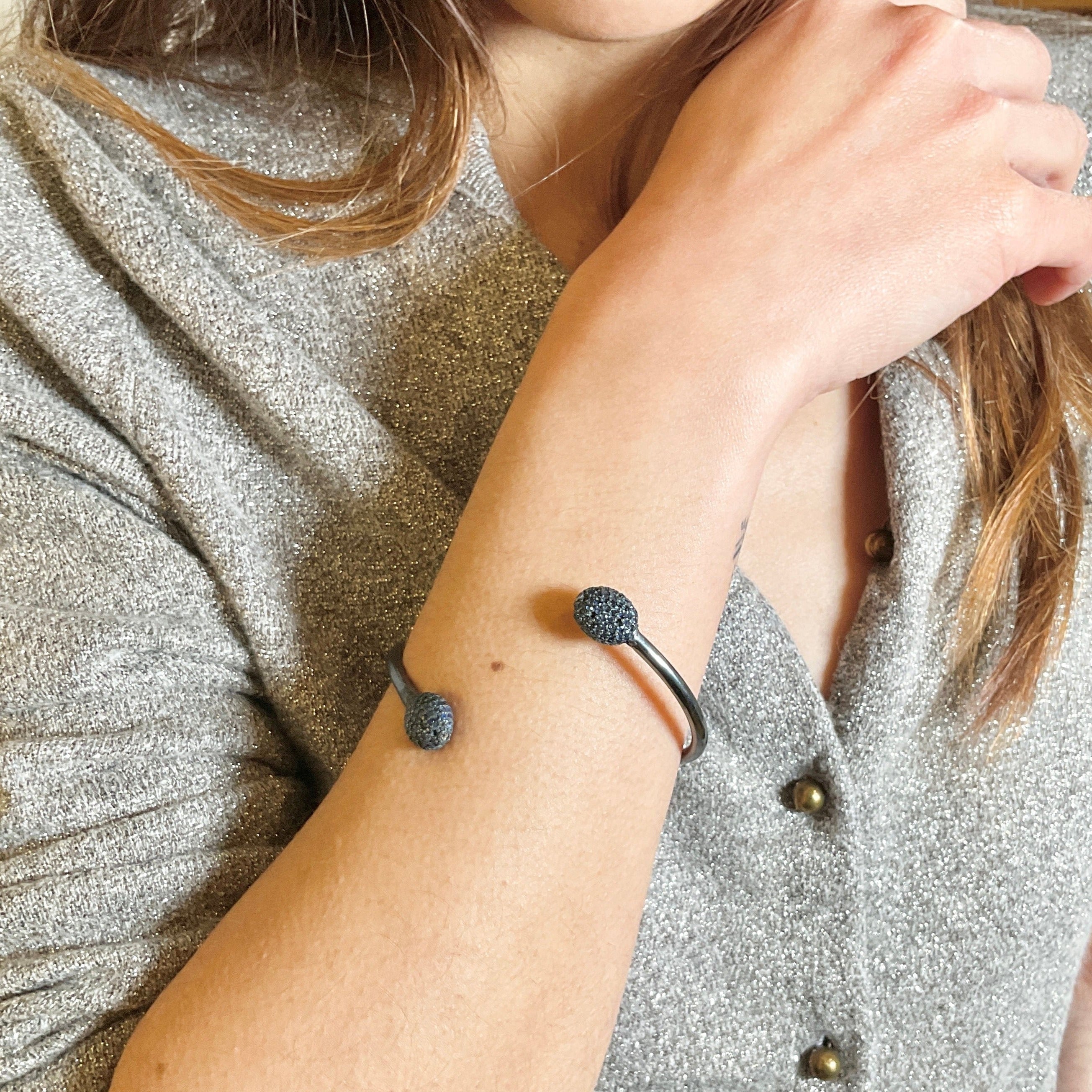 Sapphire Oxidized Open Bangle Bracelet