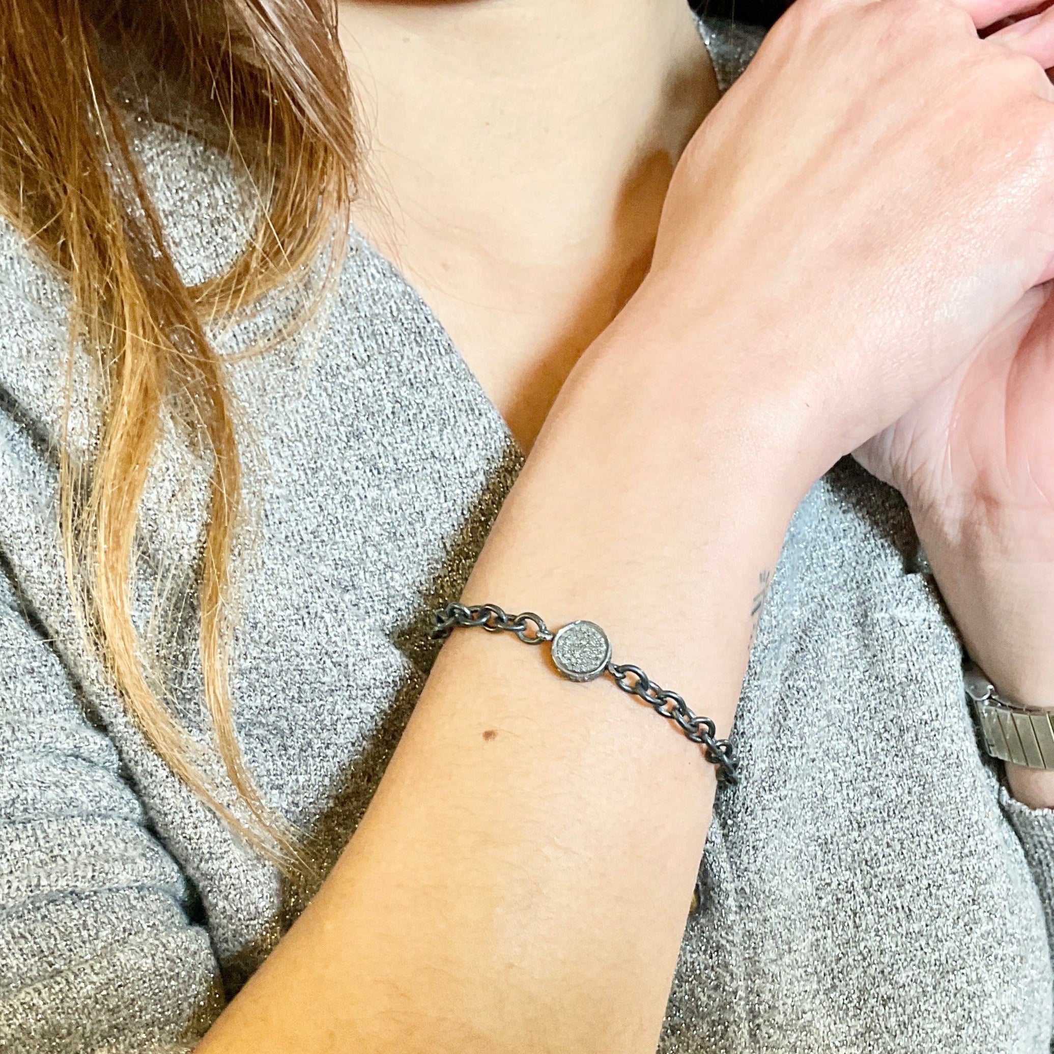 Pave Diamond Circle Oxidized Silver Bracelet