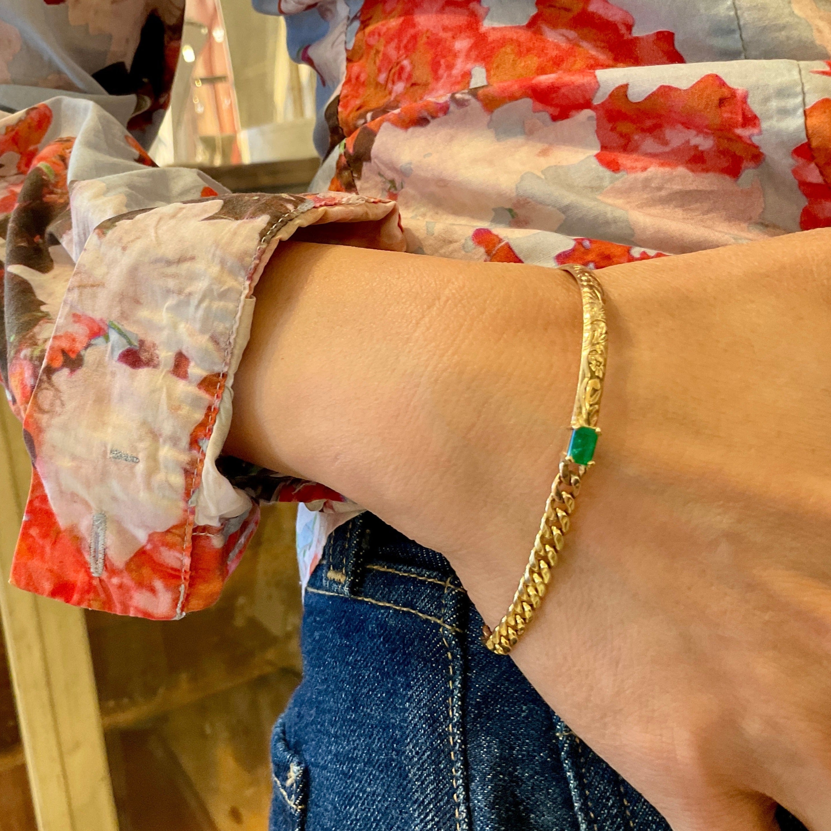 Half Chain Half Bangle With Gemstone Bracelet 14k