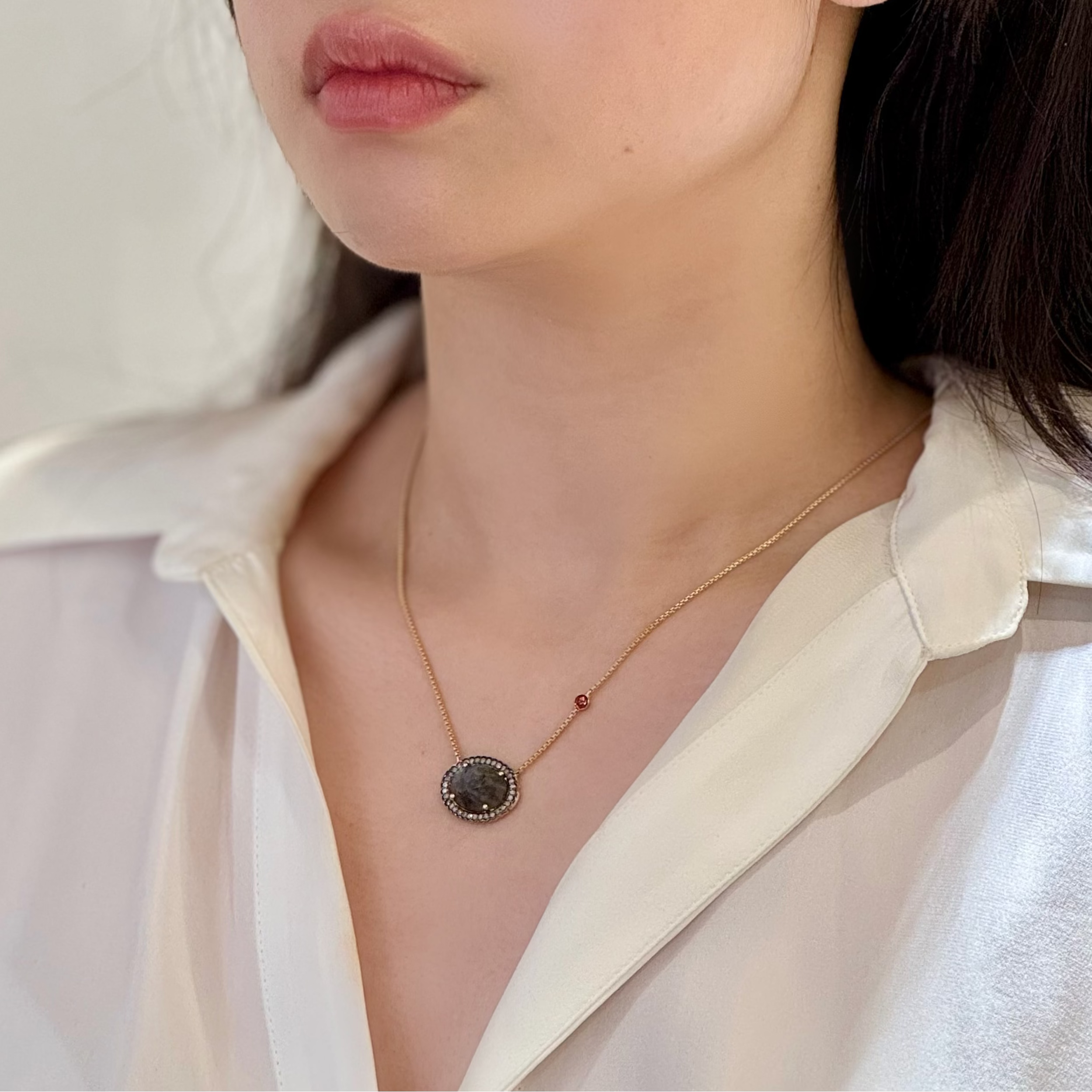 Isla labradorite Diamond Halo Pendant Necklace
