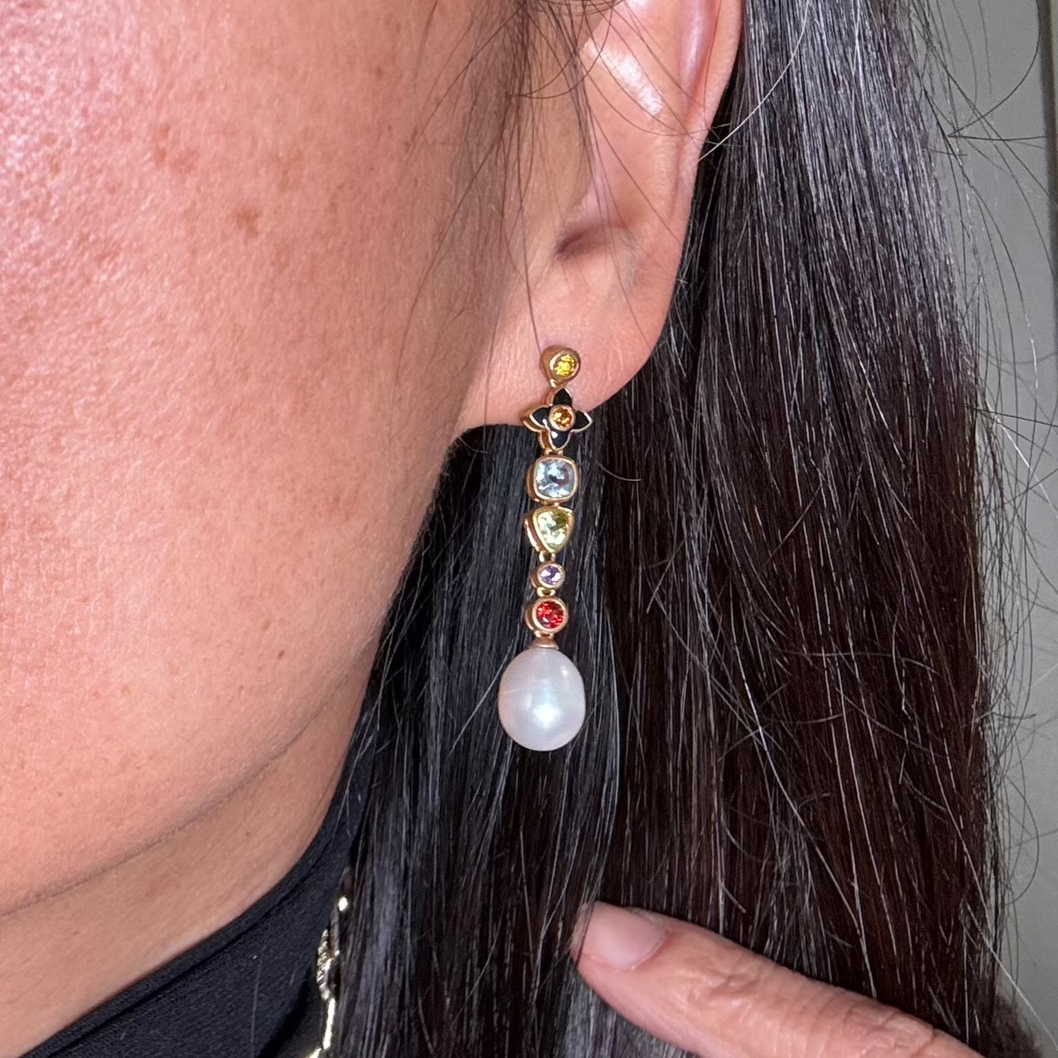 Mixed gem drop pearl earrings