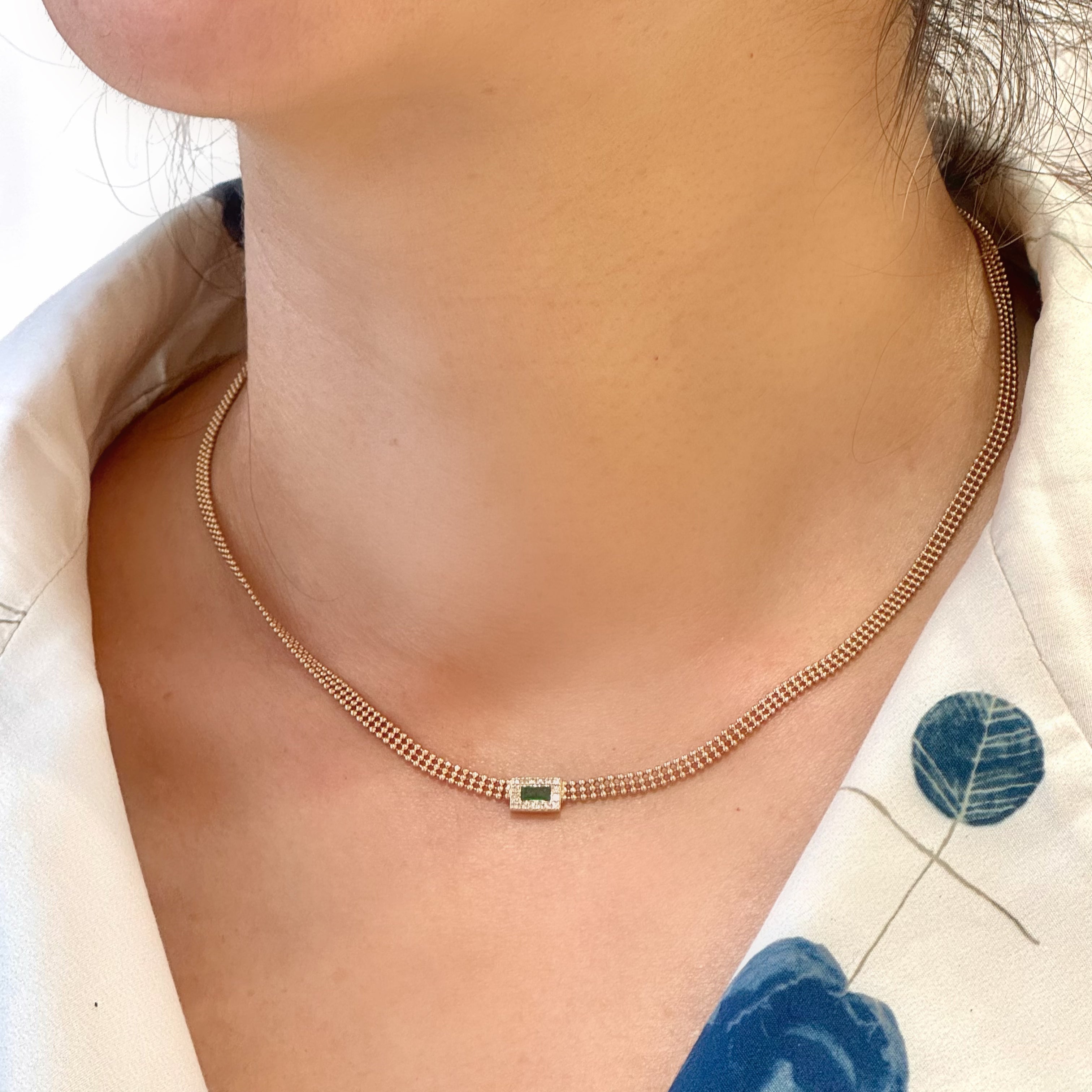 Emerald Diamond Beaded Flat Chain Choker Necklace 14K