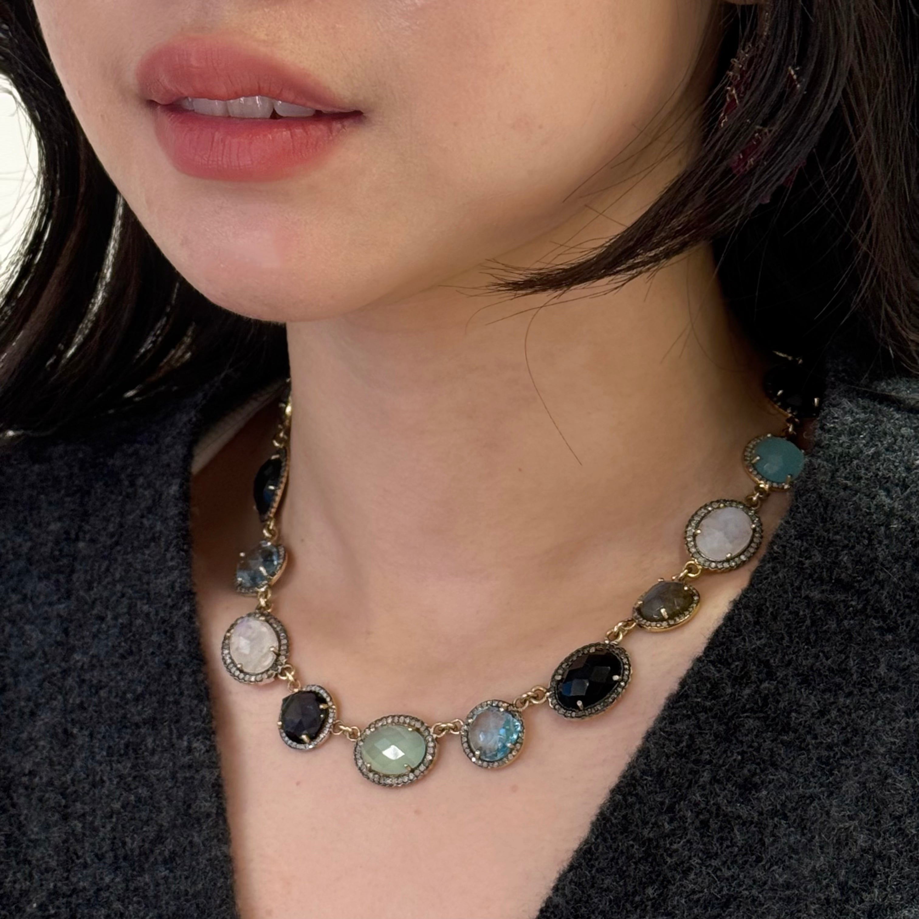 Mixed Gemstone Pave Diamond  Halo Necklace