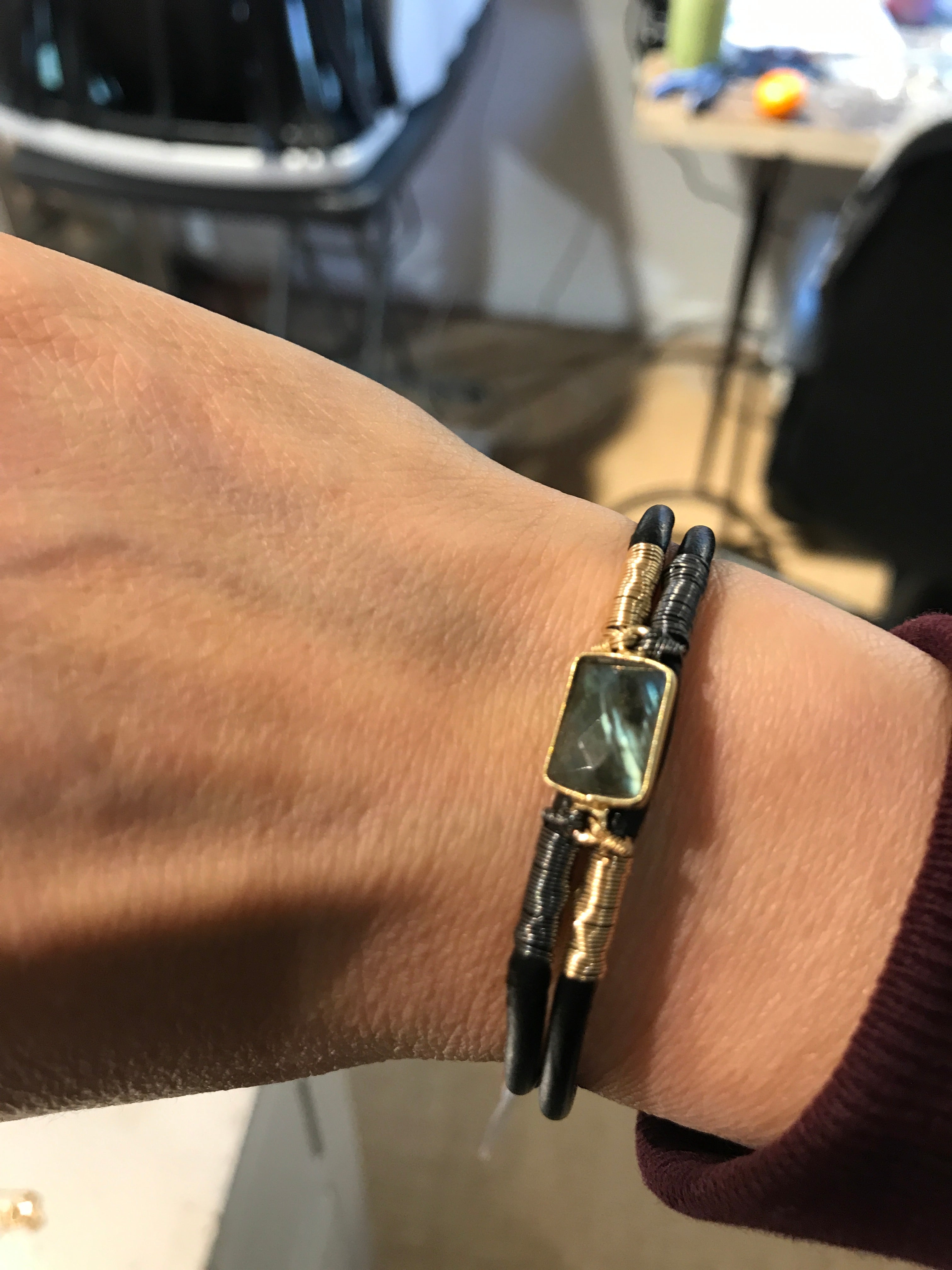 Double Thin Gem Wired Leather Bracelet