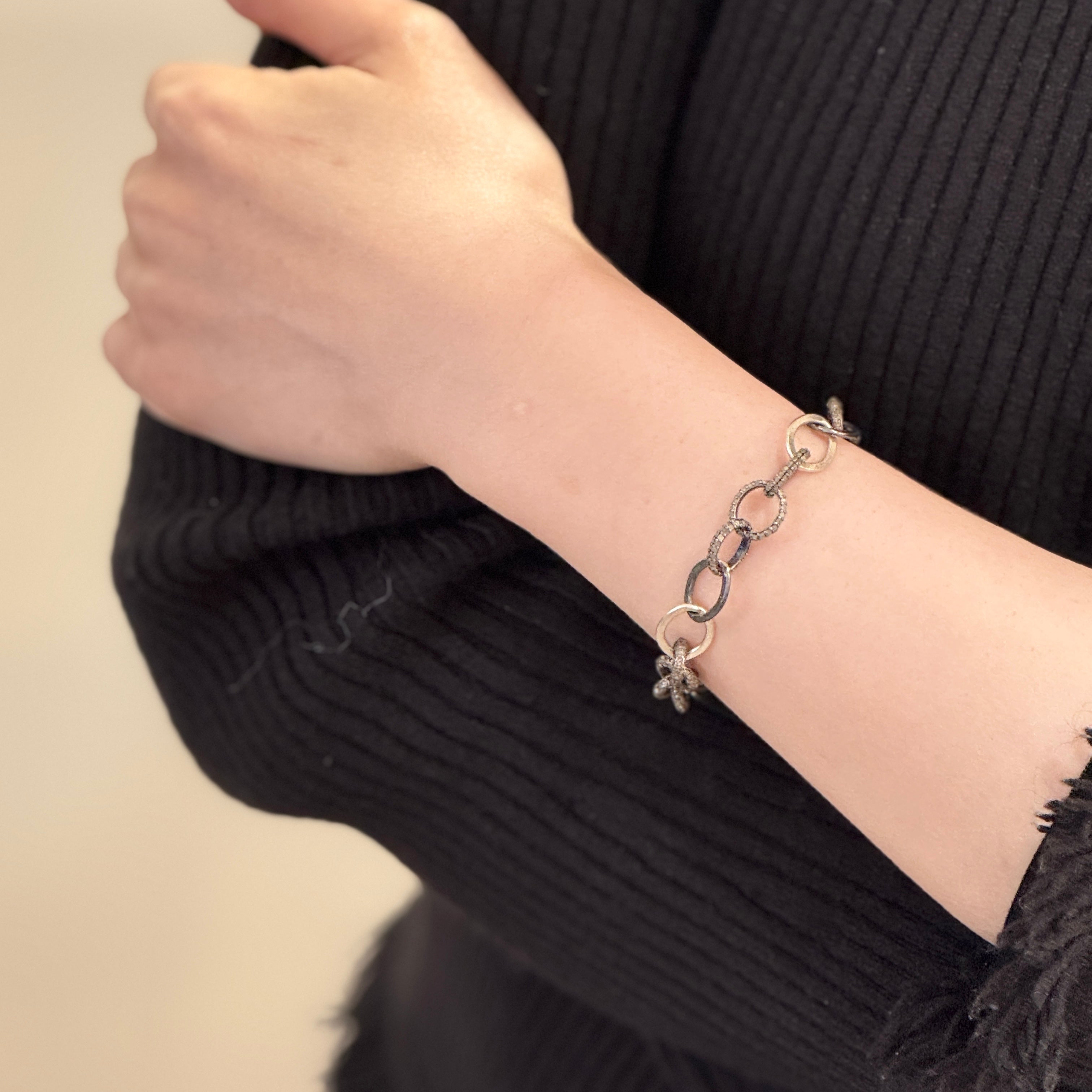 Pave Diamond Link Mixed Silver Bracelet