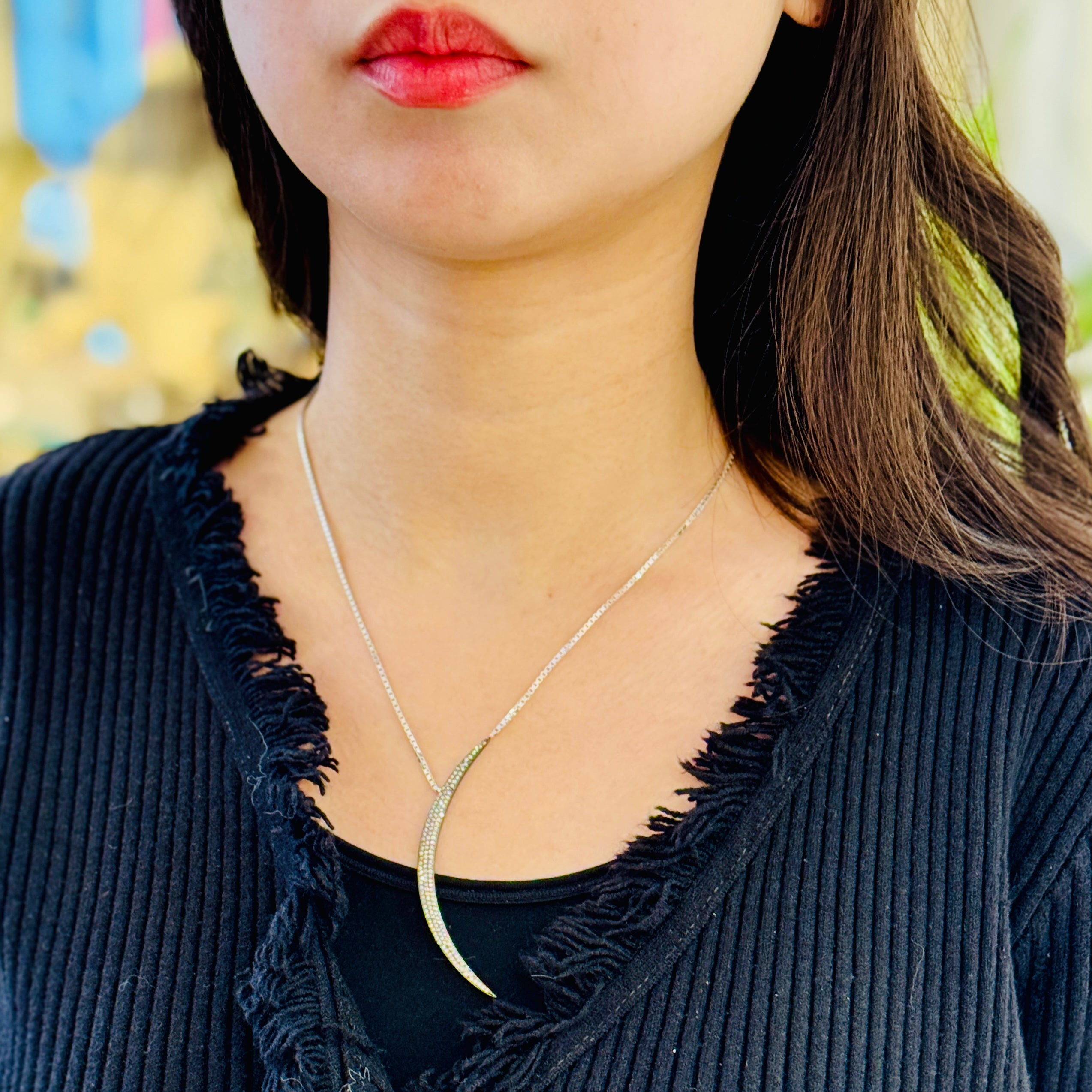 Grande Pave Diamond Crescent Silver Necklace