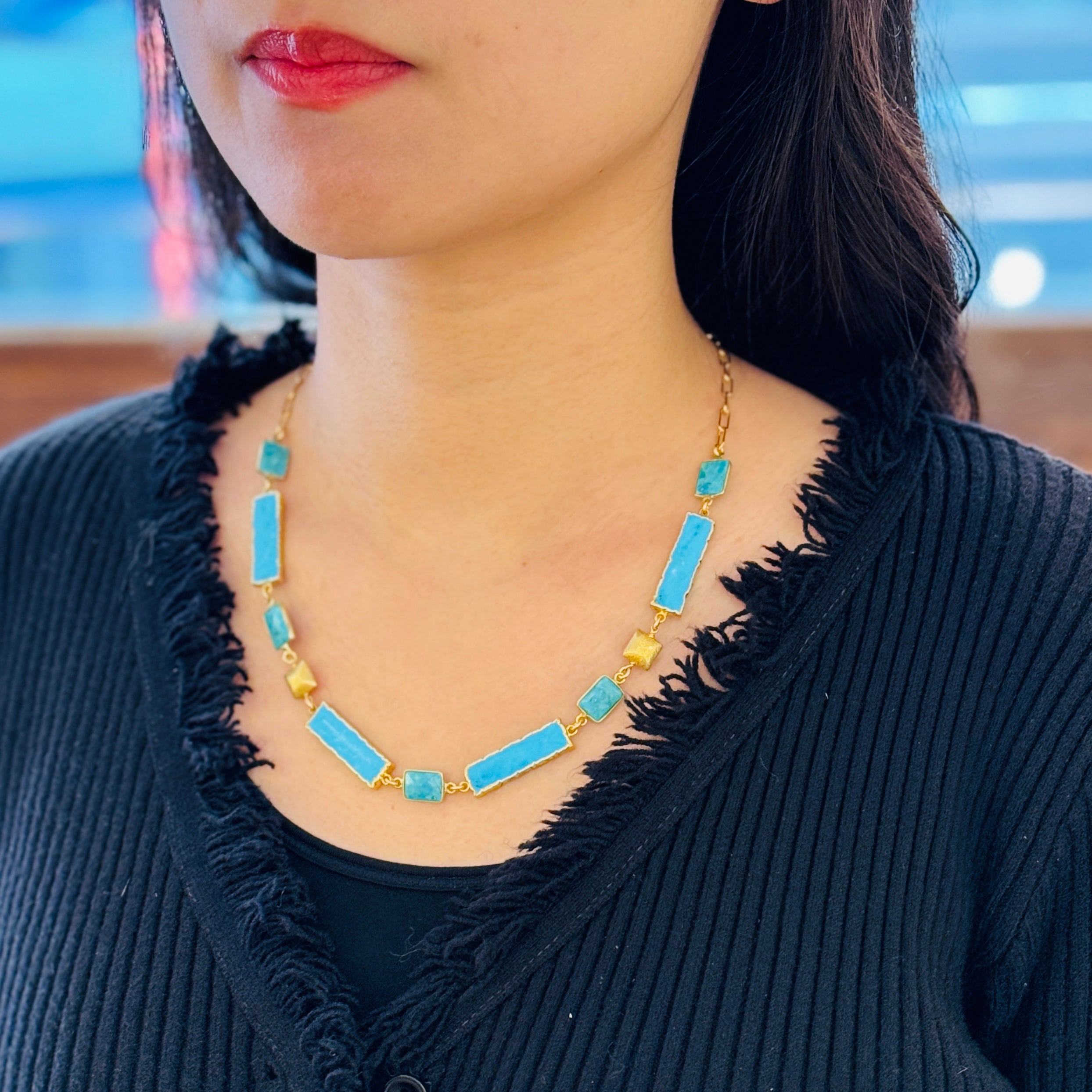 Lapis Gold Bead Paperclip Necklace