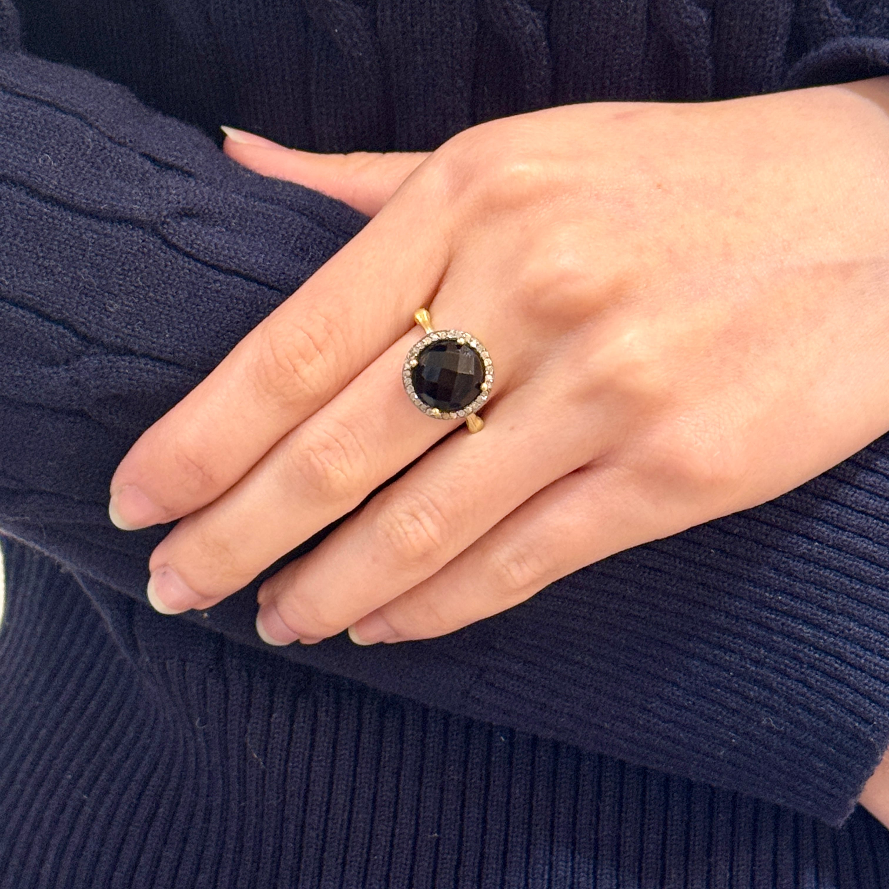 Full Moon Gem Halo Diamond Bamboo Ring