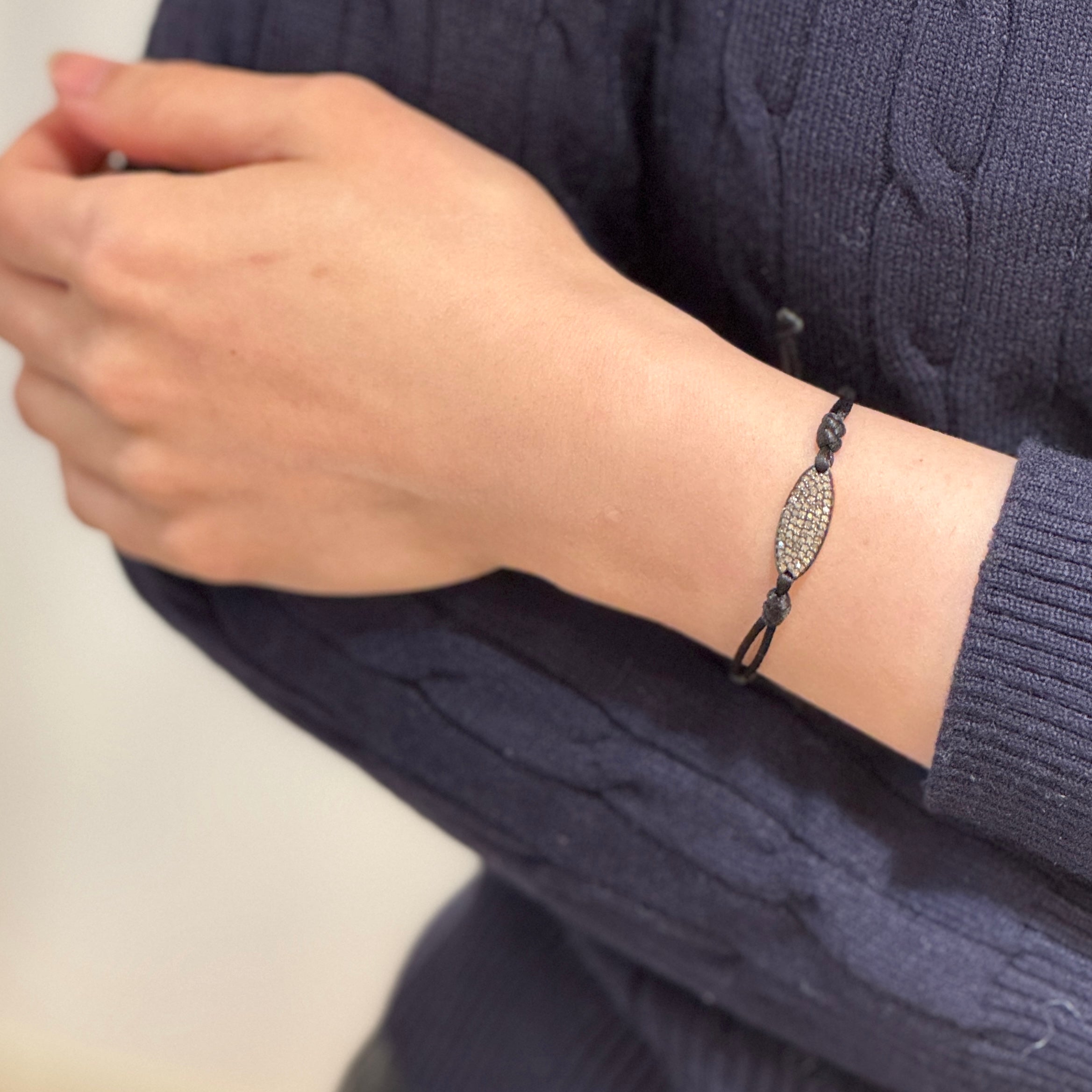 Pave Diamond Oval Shield Macrame Bracelet