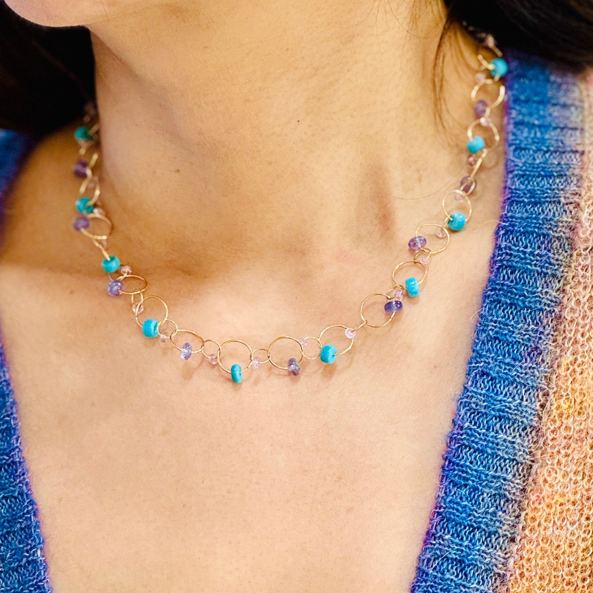 Turquoise Amethyst Circle Interlink Necklace