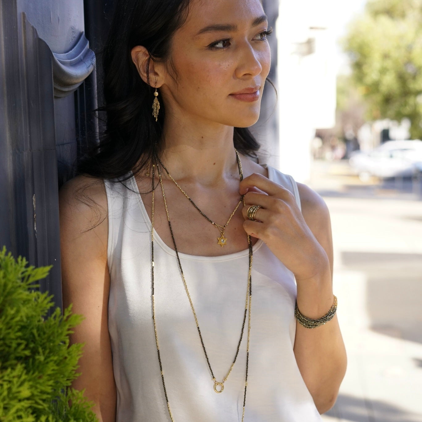 Half Moon Golden Pyrite Long Necklace