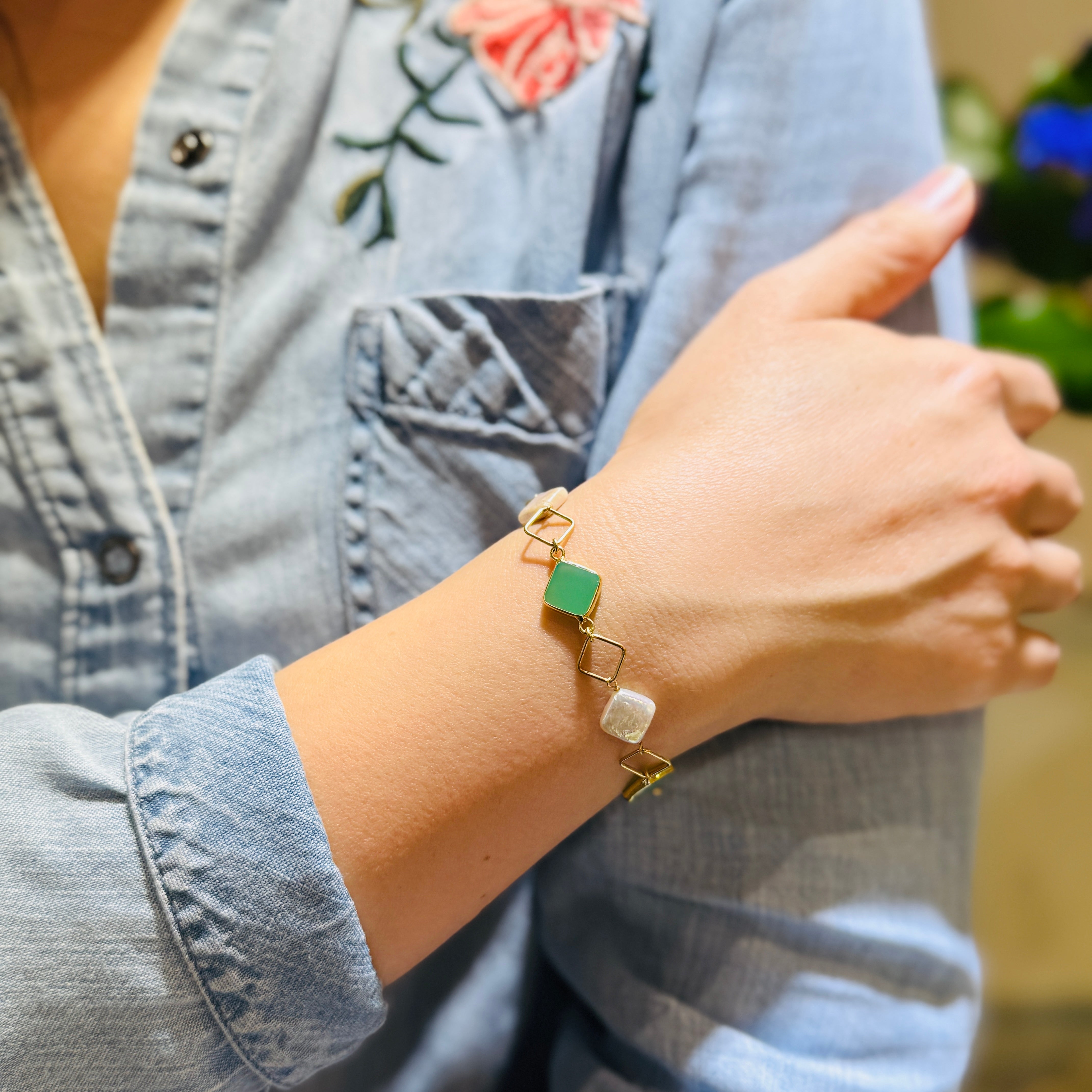 Chrysoprase Pearly Geometric Bracelet