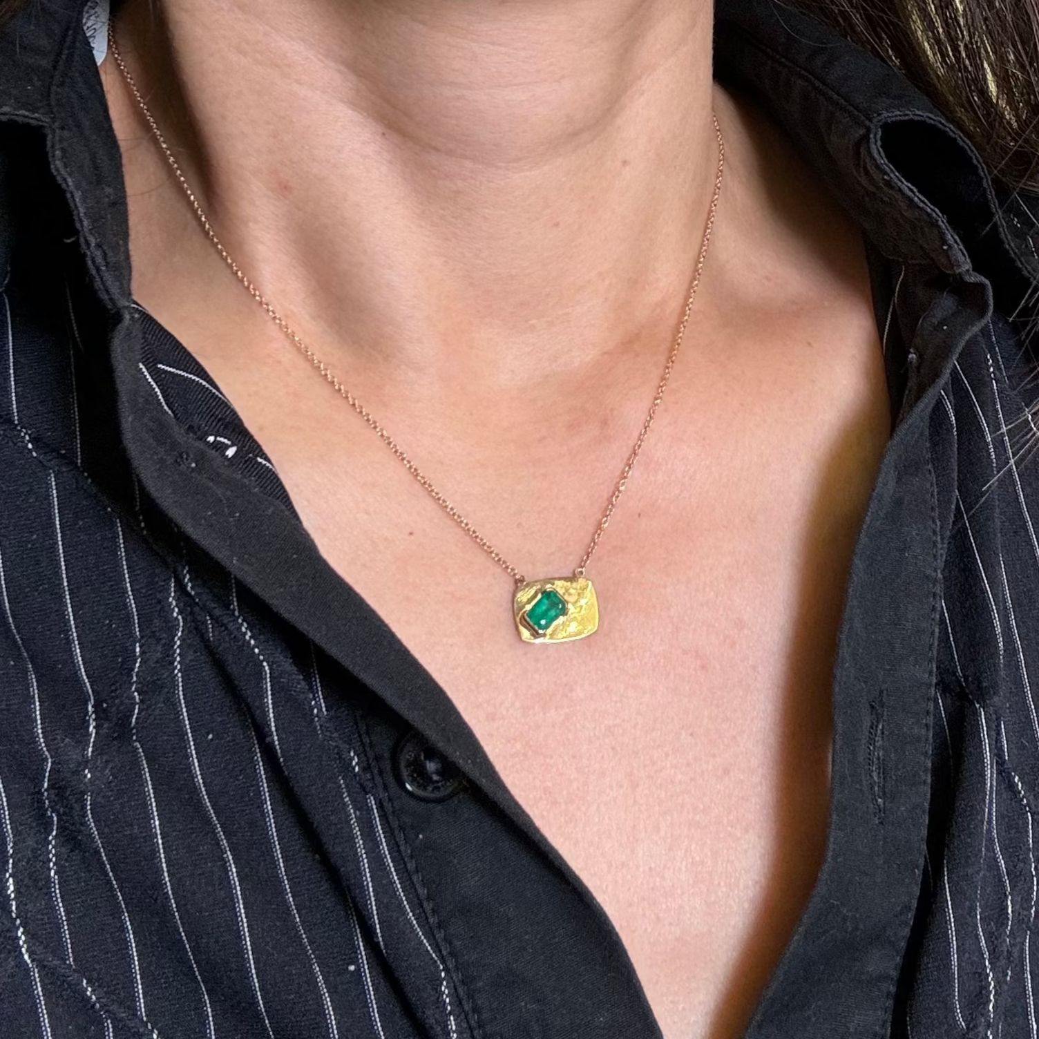 Emerald Golden Rectangle Pendant Necklace in 14k