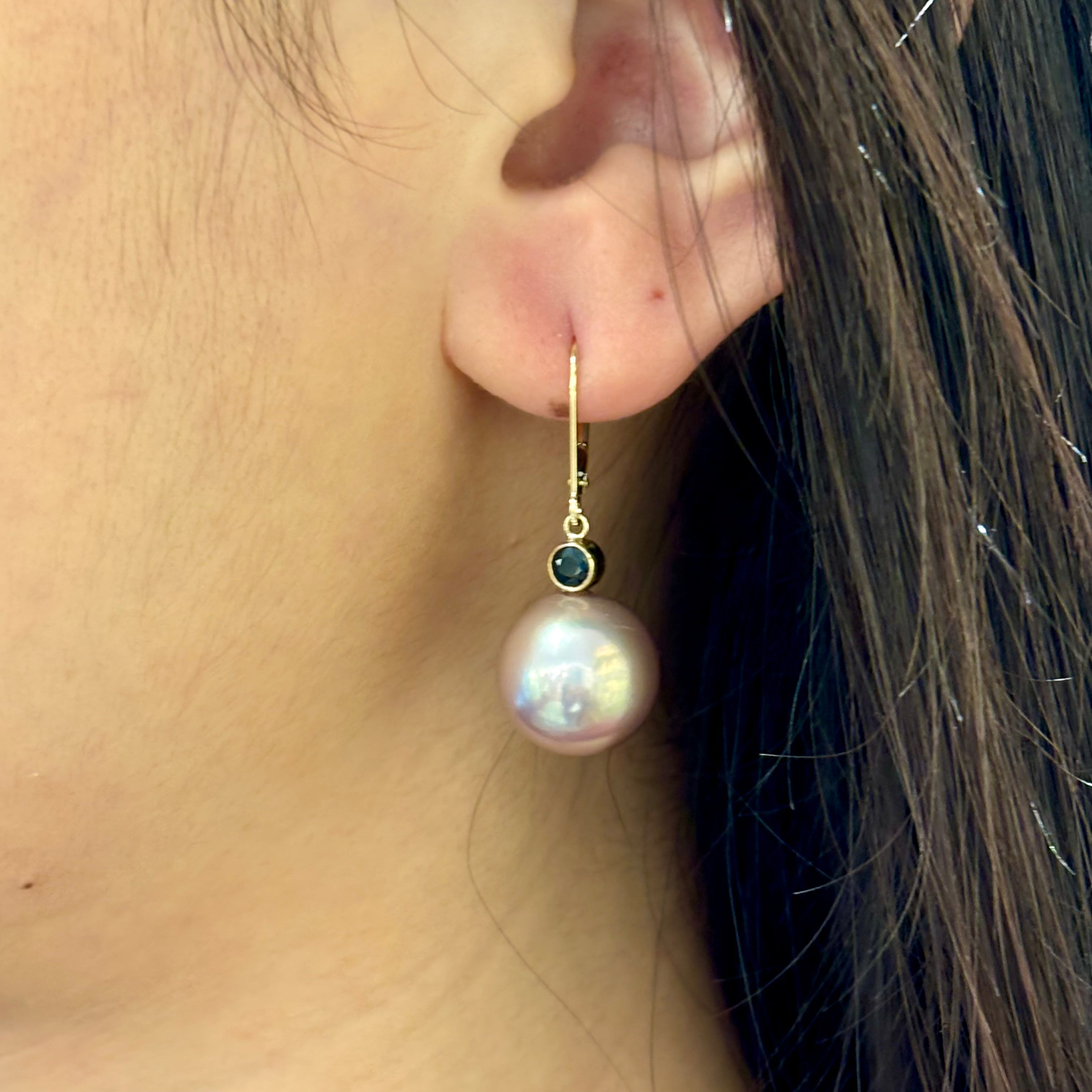 Pink Fresh Water Pearl & Sapphire Bezel Earrings In 14k