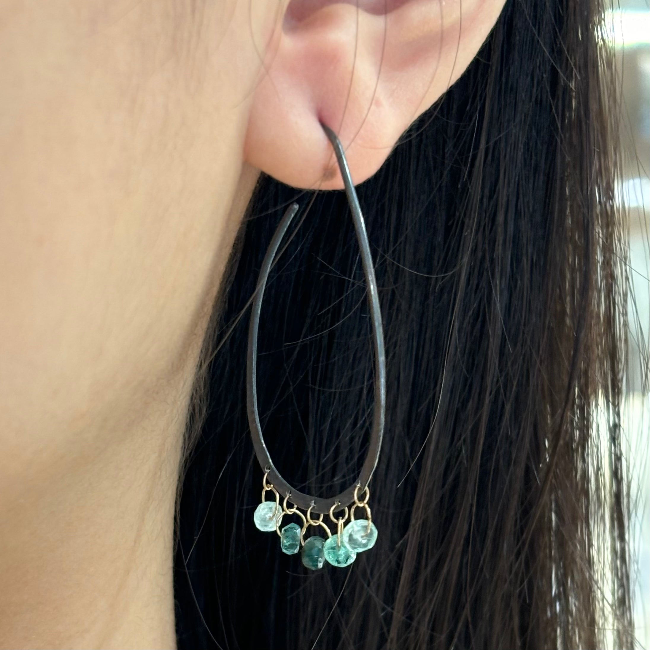 Emerald Dangly Oval Silver Hoops