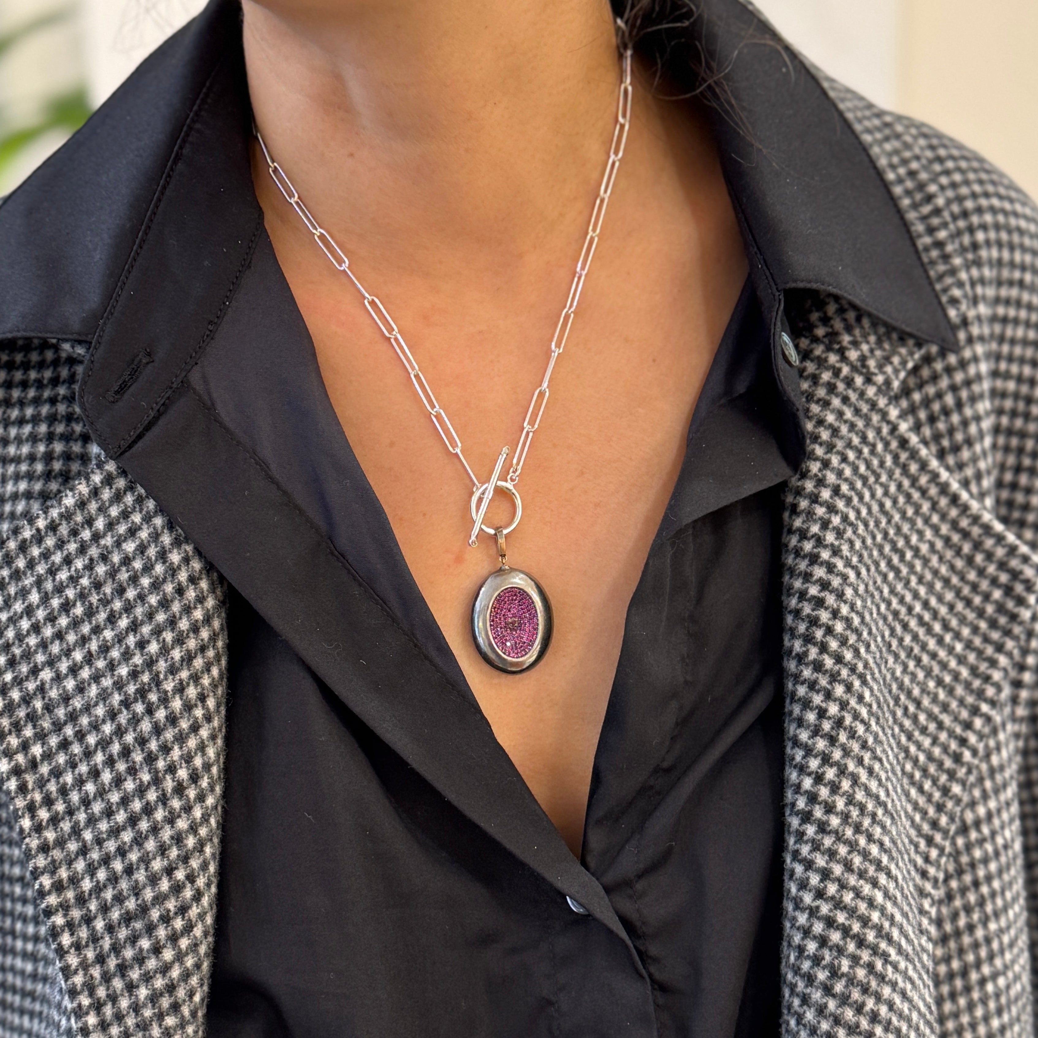 Ruby Diamond Two side Pendant Silver Toggle Necklace