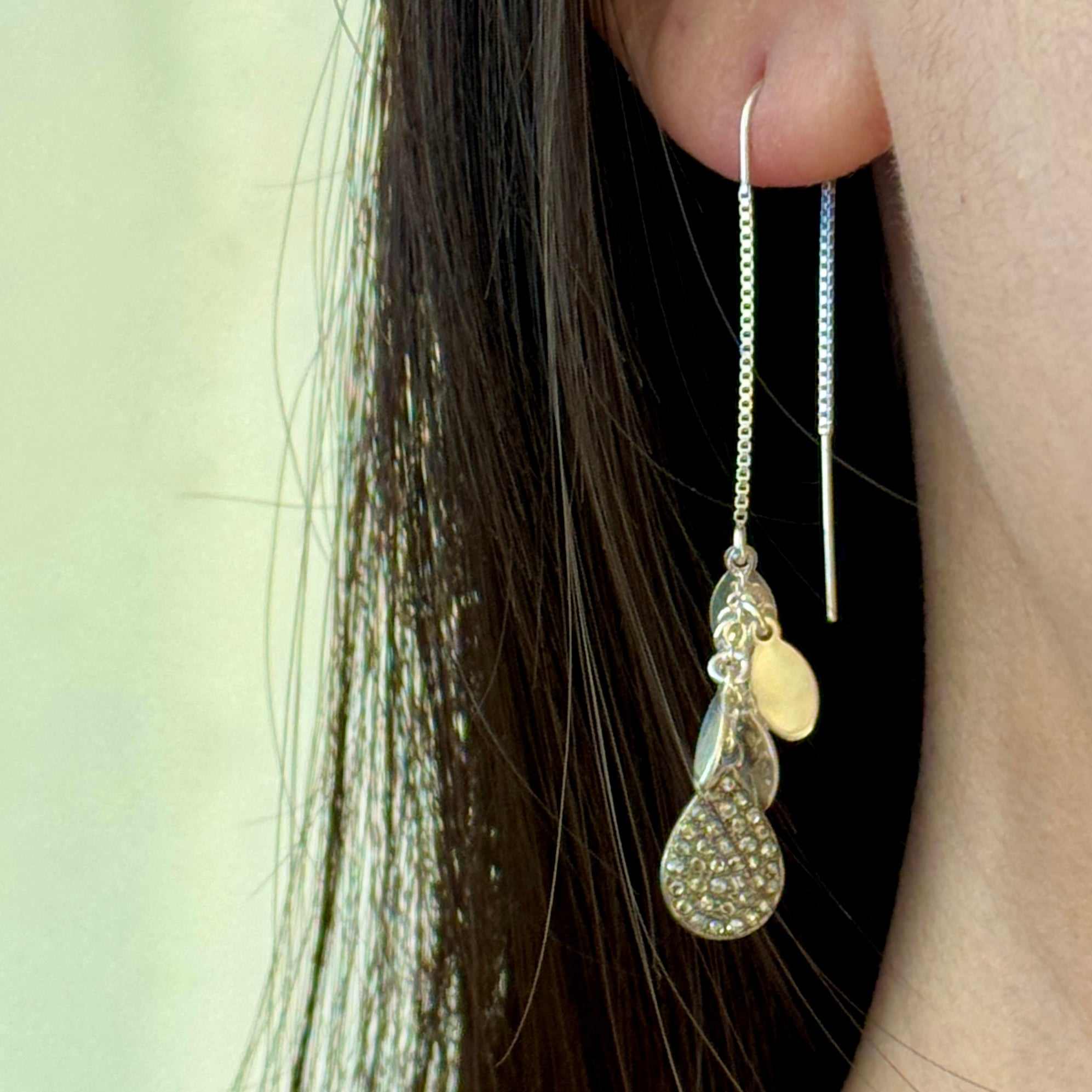 Pave Diamond Teardrop Long Silver Earrings