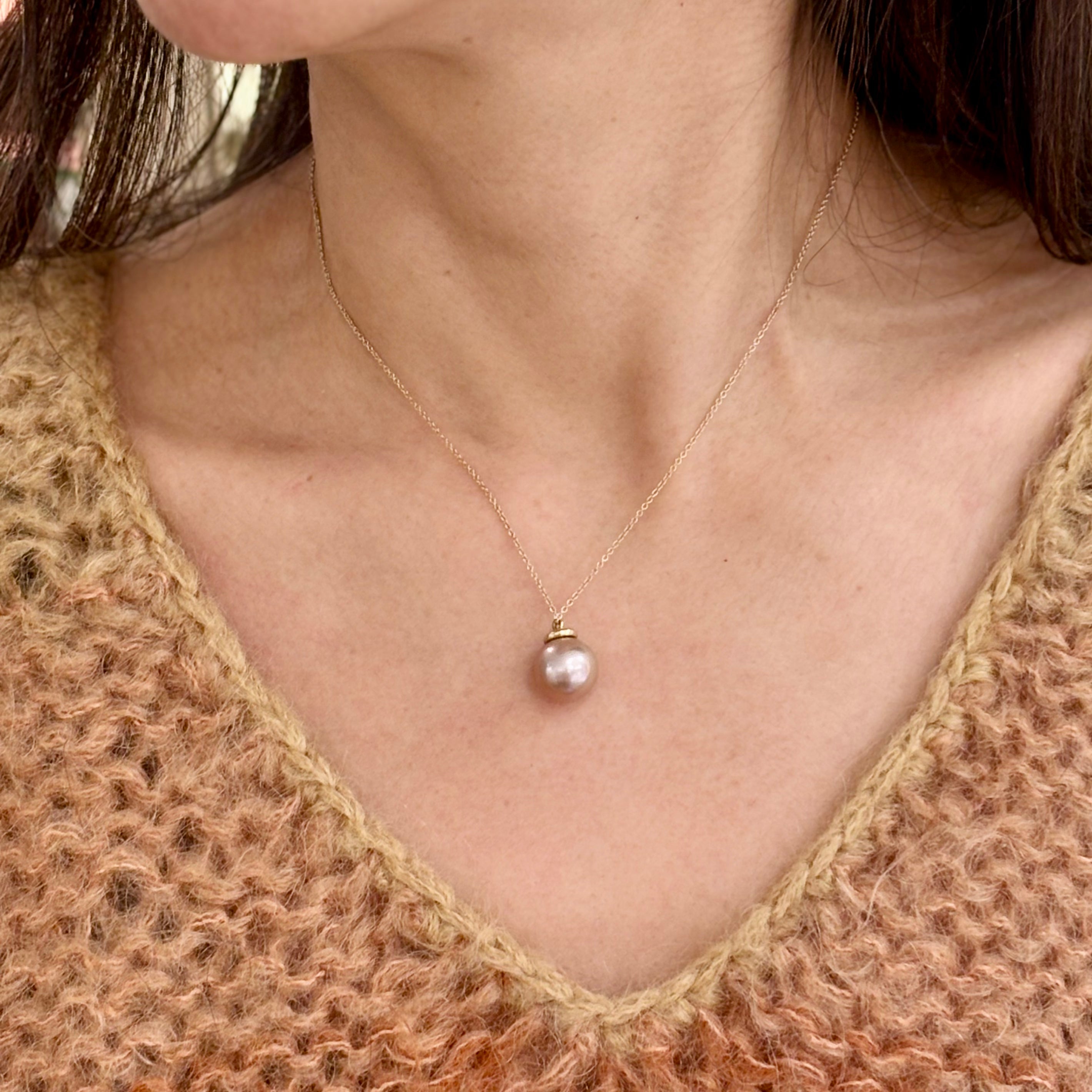Pink Pearl Diamond Cap Necklace In 14K
