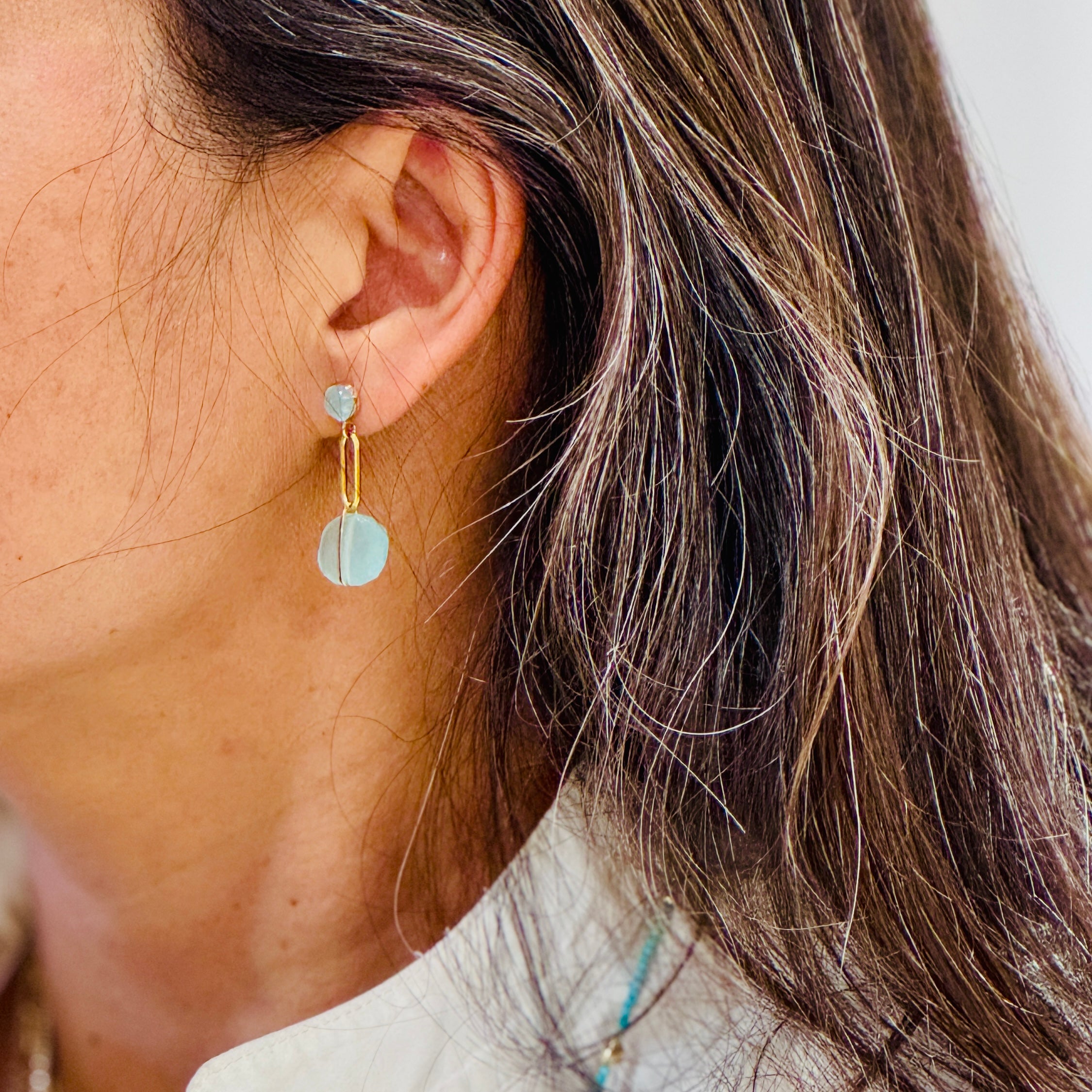 Aqua Gem Wired Drop Link Earrings