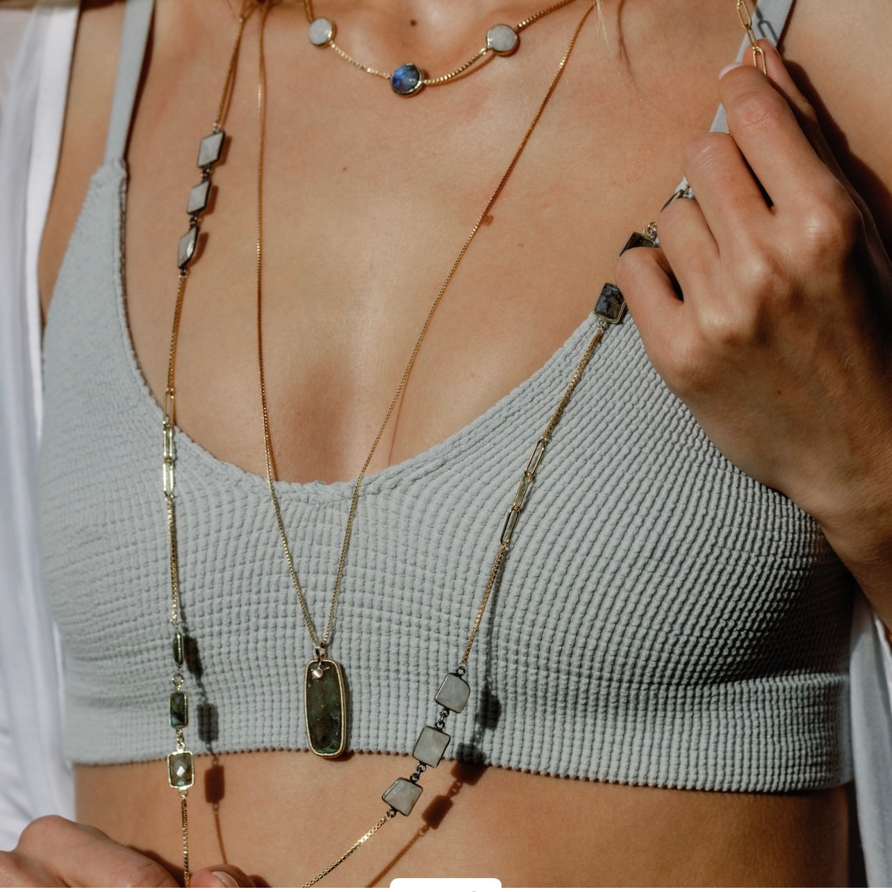 Long Gem Slice Frame Pendant Gold Necklace