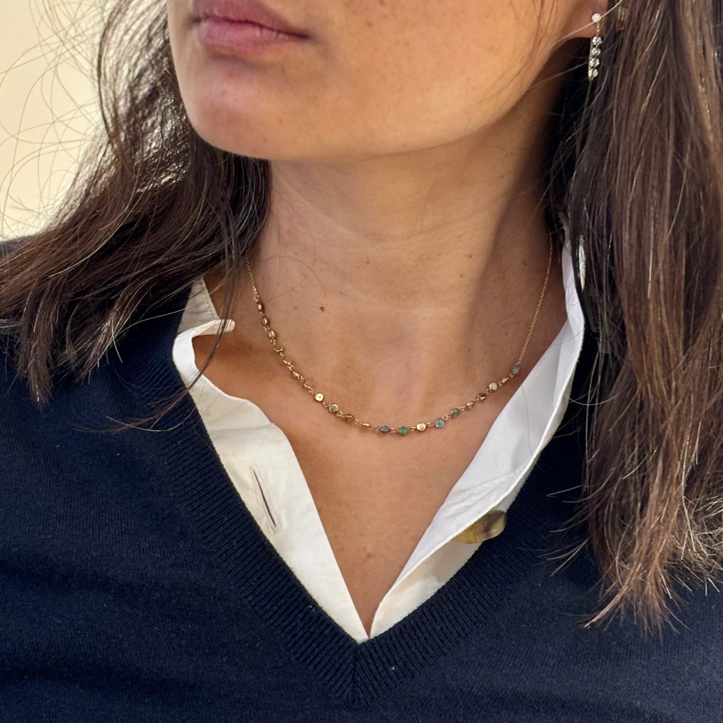 Moonstone Emerald Aquamarine Bezel Necklace-14k