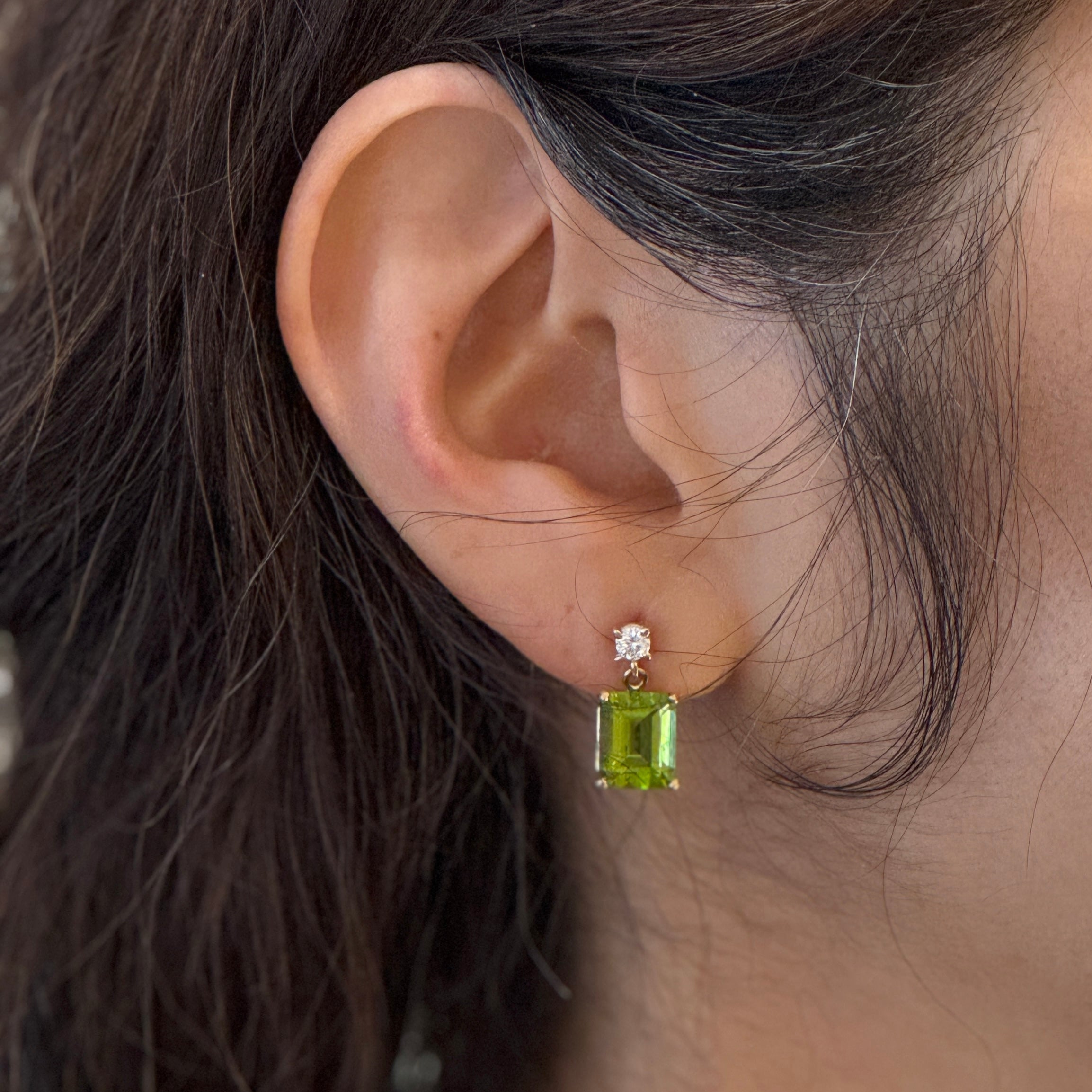 Peridot Natural Diamond Post Drop Earrings 14k