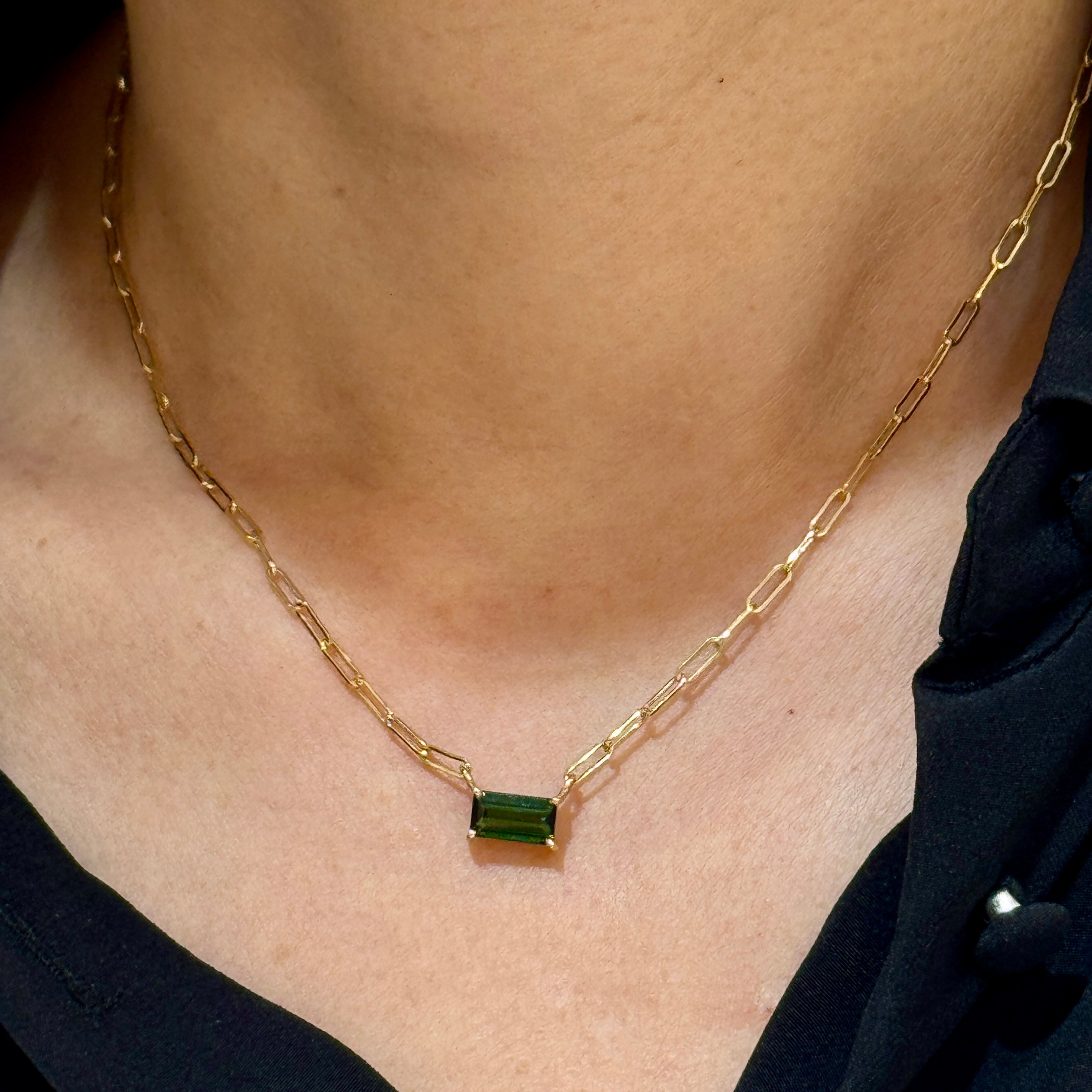 Rectangle Green Tourmaline Paperclip Necklace 14K