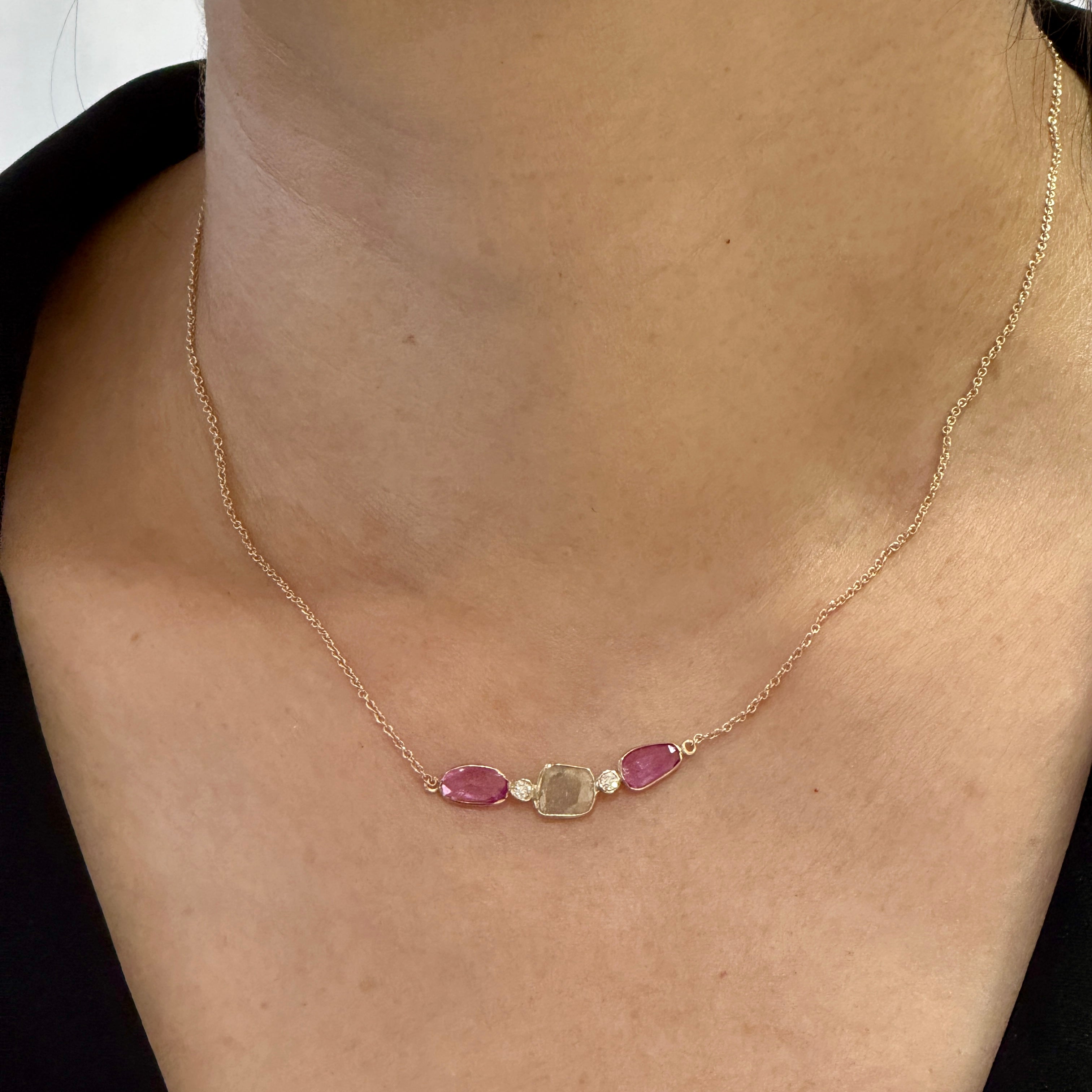 Trio Slice Pink Sapphire  Diamond Row Necklace 14k