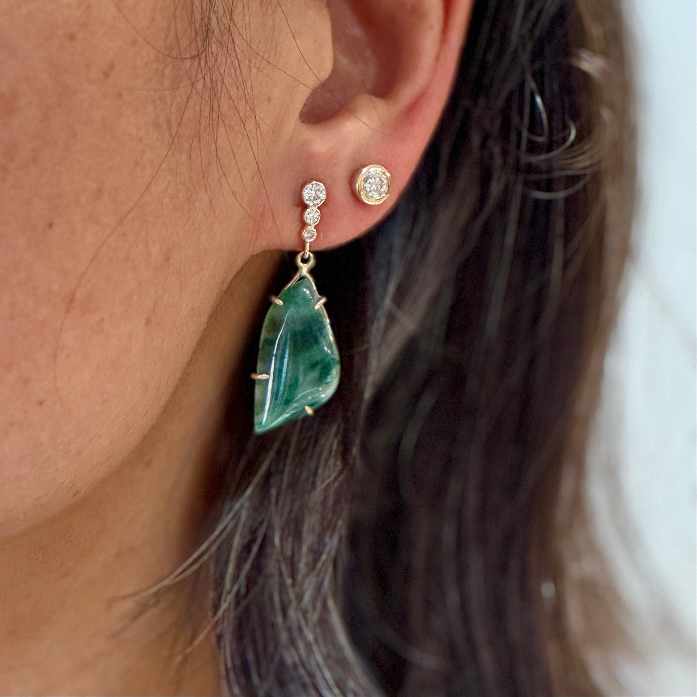 Graduated Diamond Jade Drop Earrings 14k