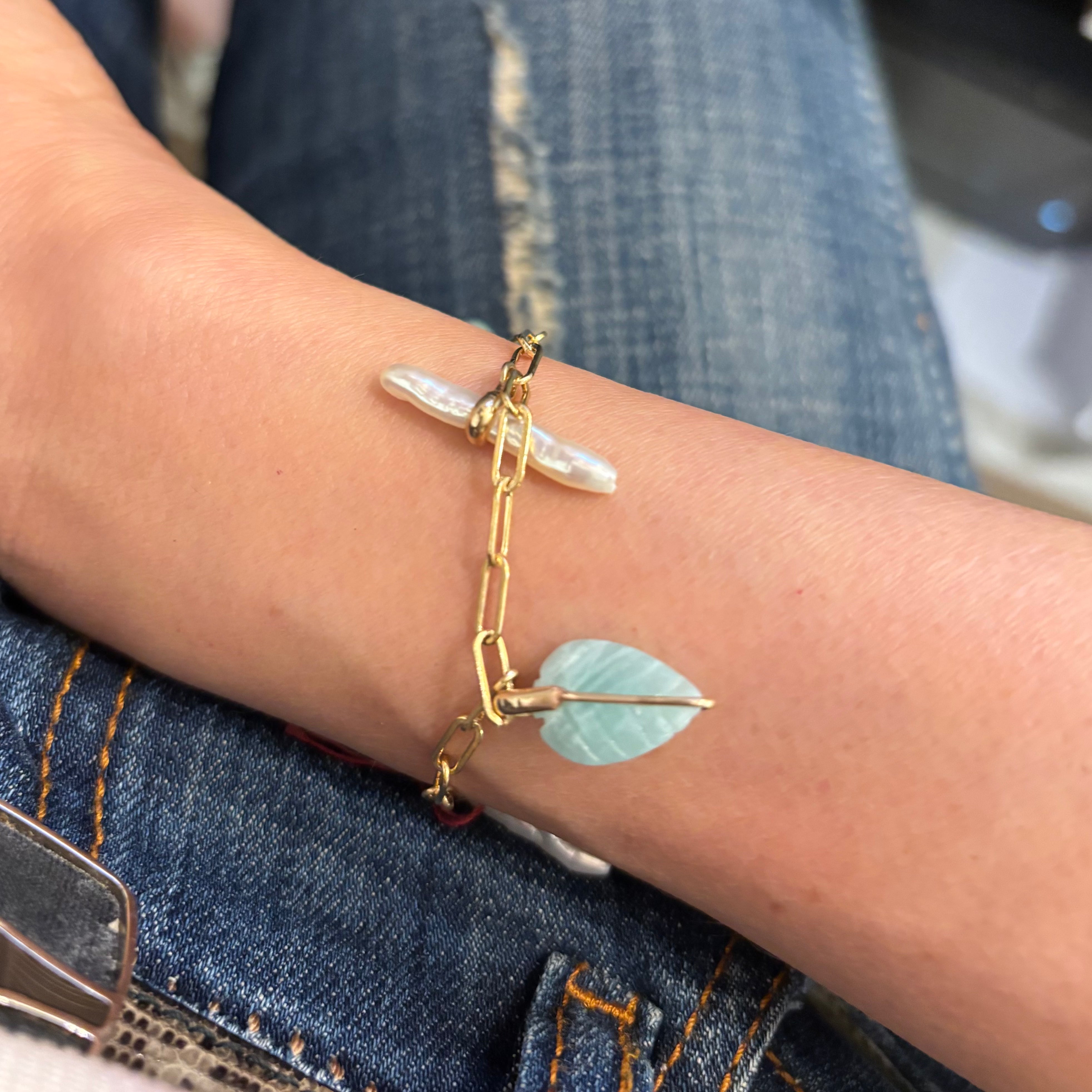 Kate Aqua Wired Leaf Pearl Stick Paperclip Bracelet