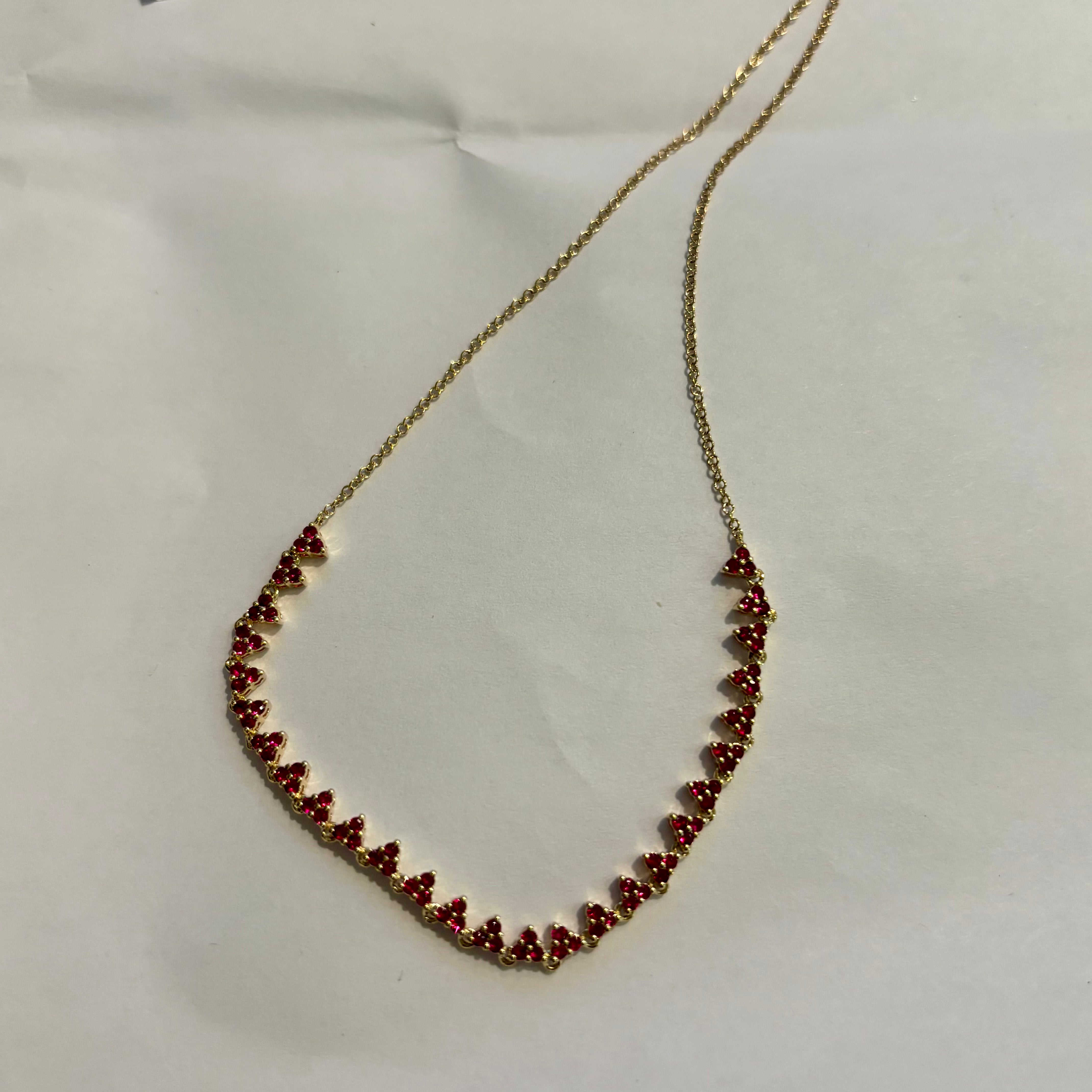 Trio ruby cluster row necklace 14k