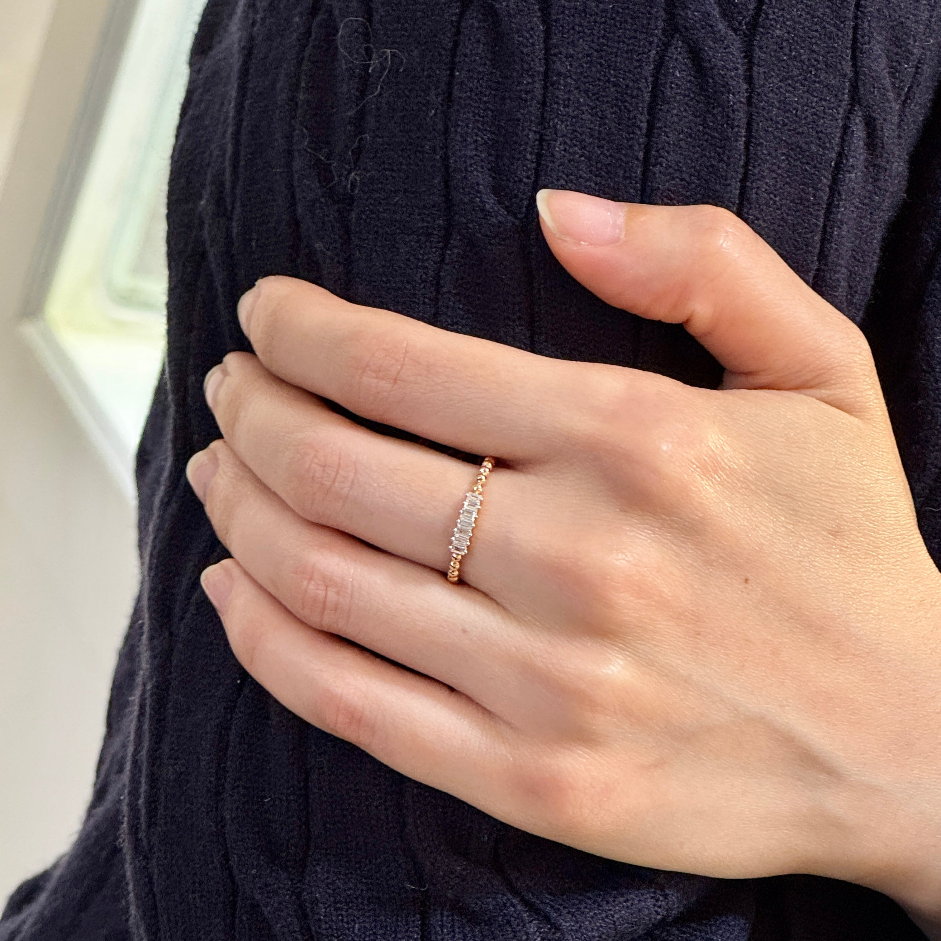 Baguette Lab-grown Diamond Beaded Ring 14k gold
