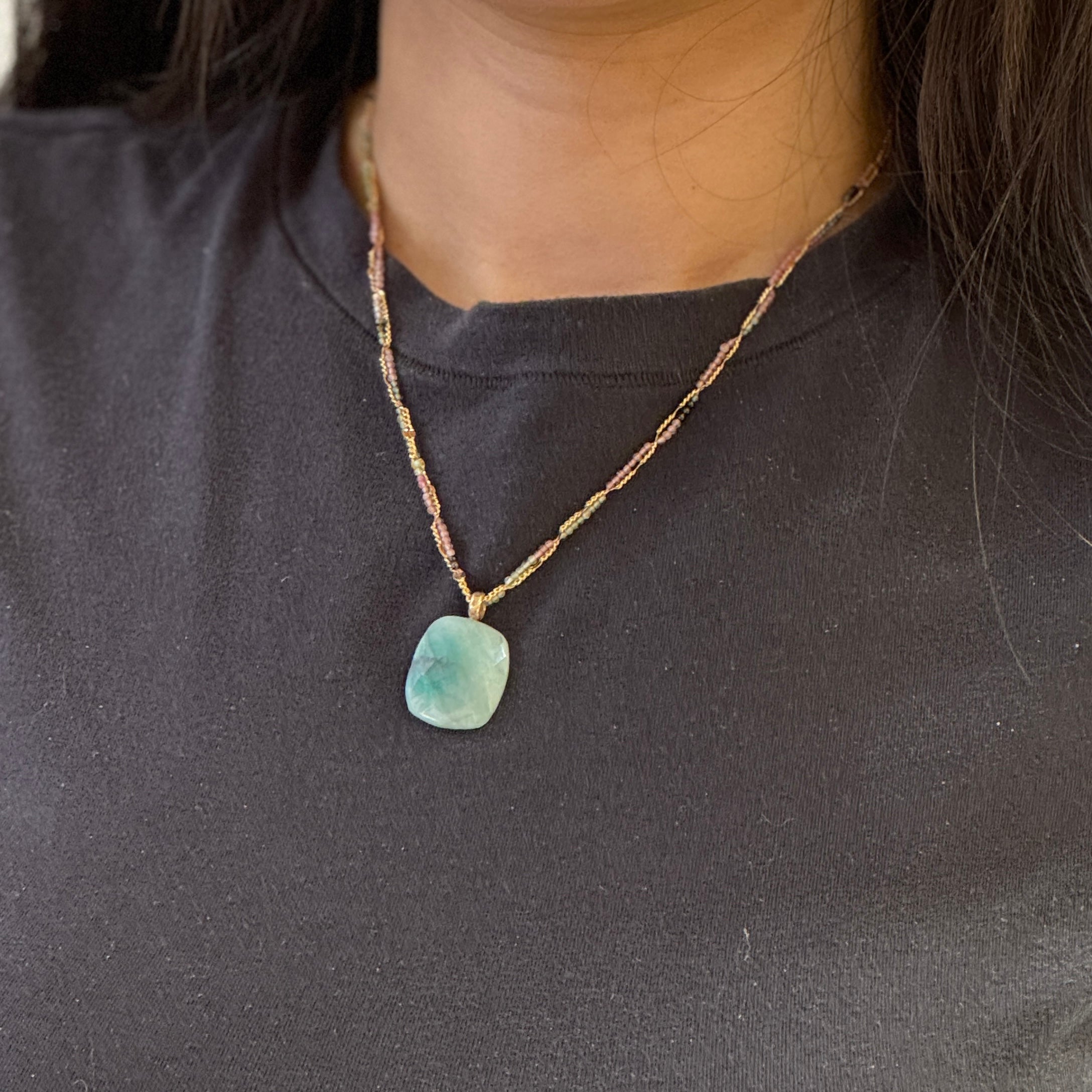 Carol Puffy Emerald Pendant Tourmaline Twisted Chain Necklace