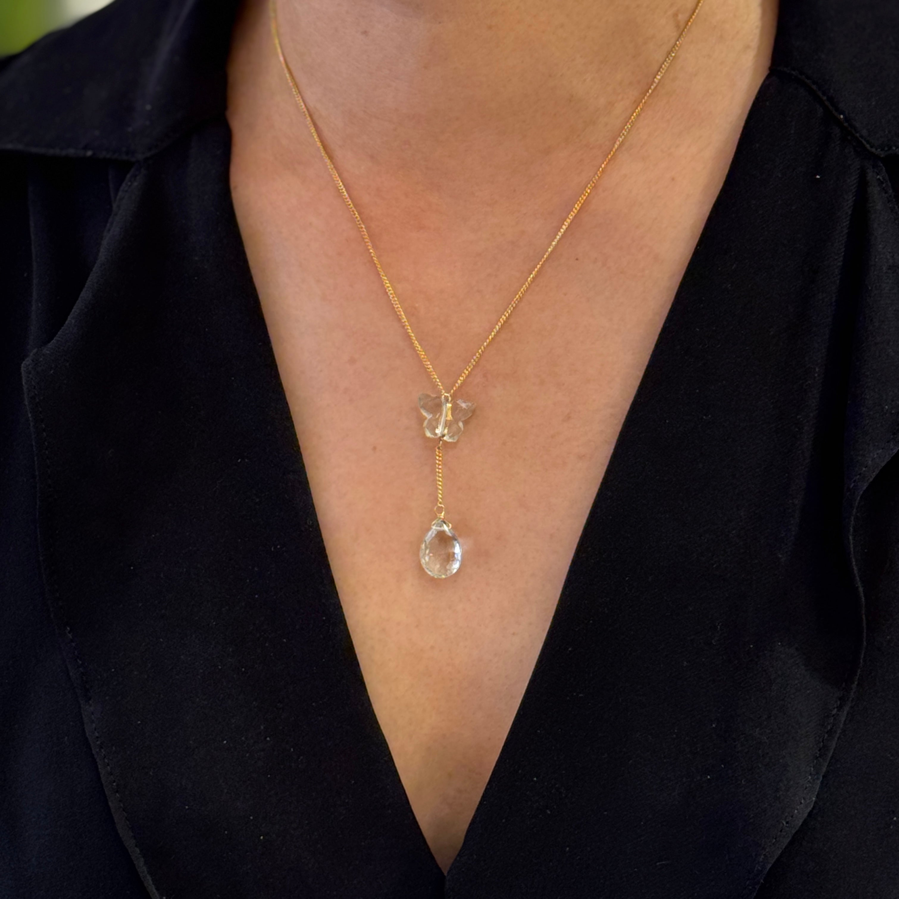 Green Amethyst Butterfly Teardrop Lariat Necklace