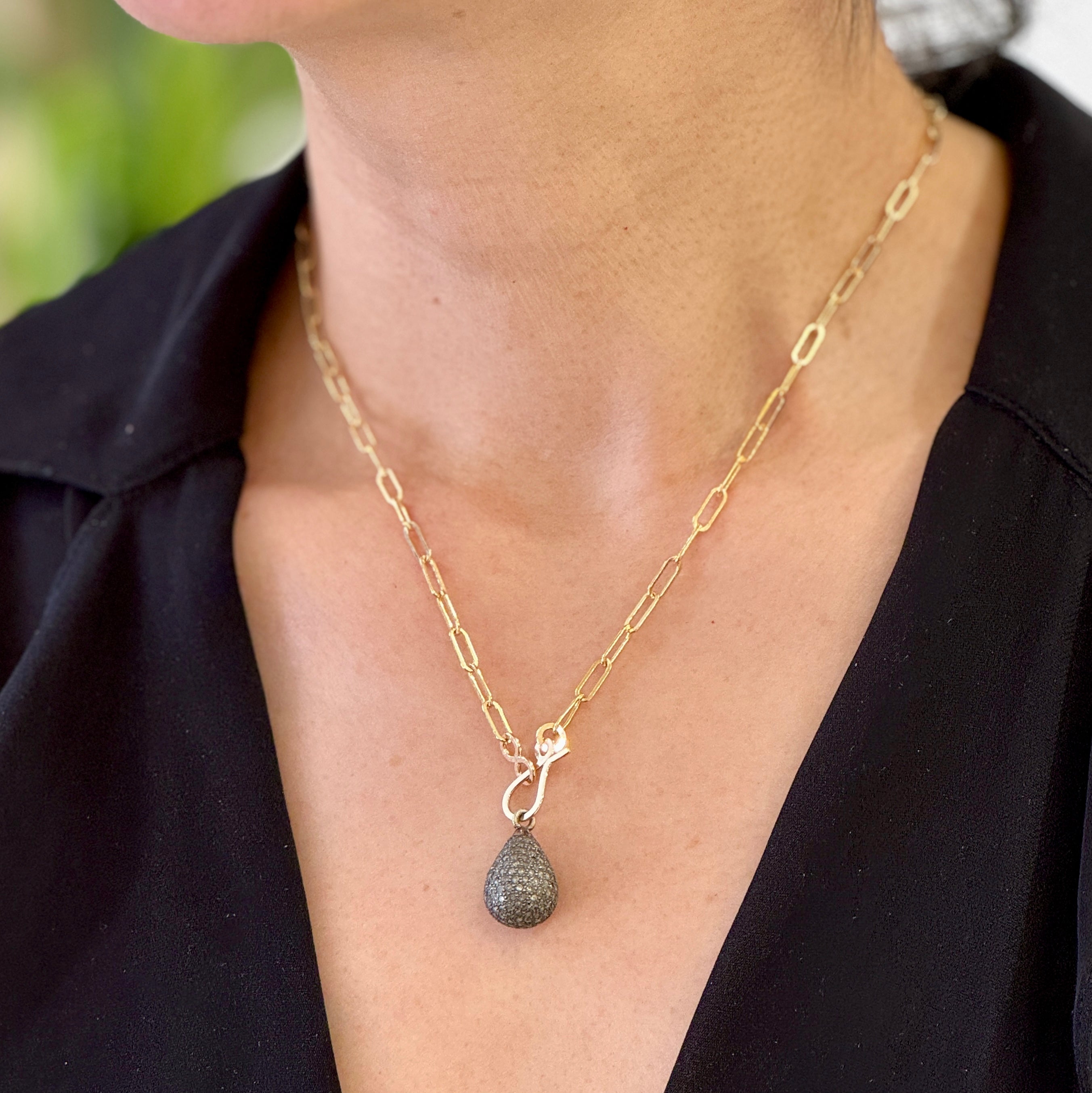 Pave Diamond Egg Pendant Paperclip Necklace