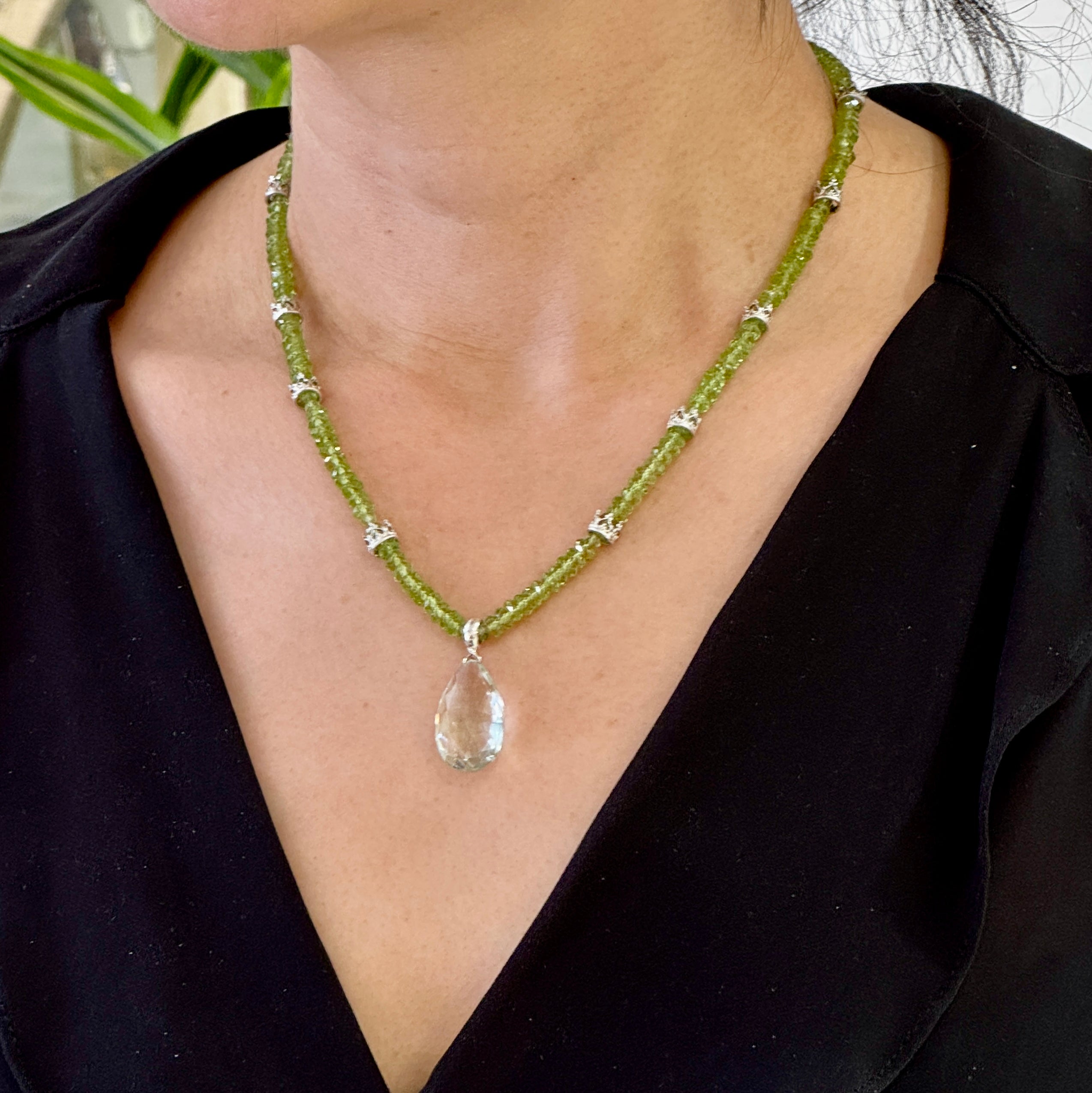 Peridot Crown With Amethyst Pendant Silver Necklace