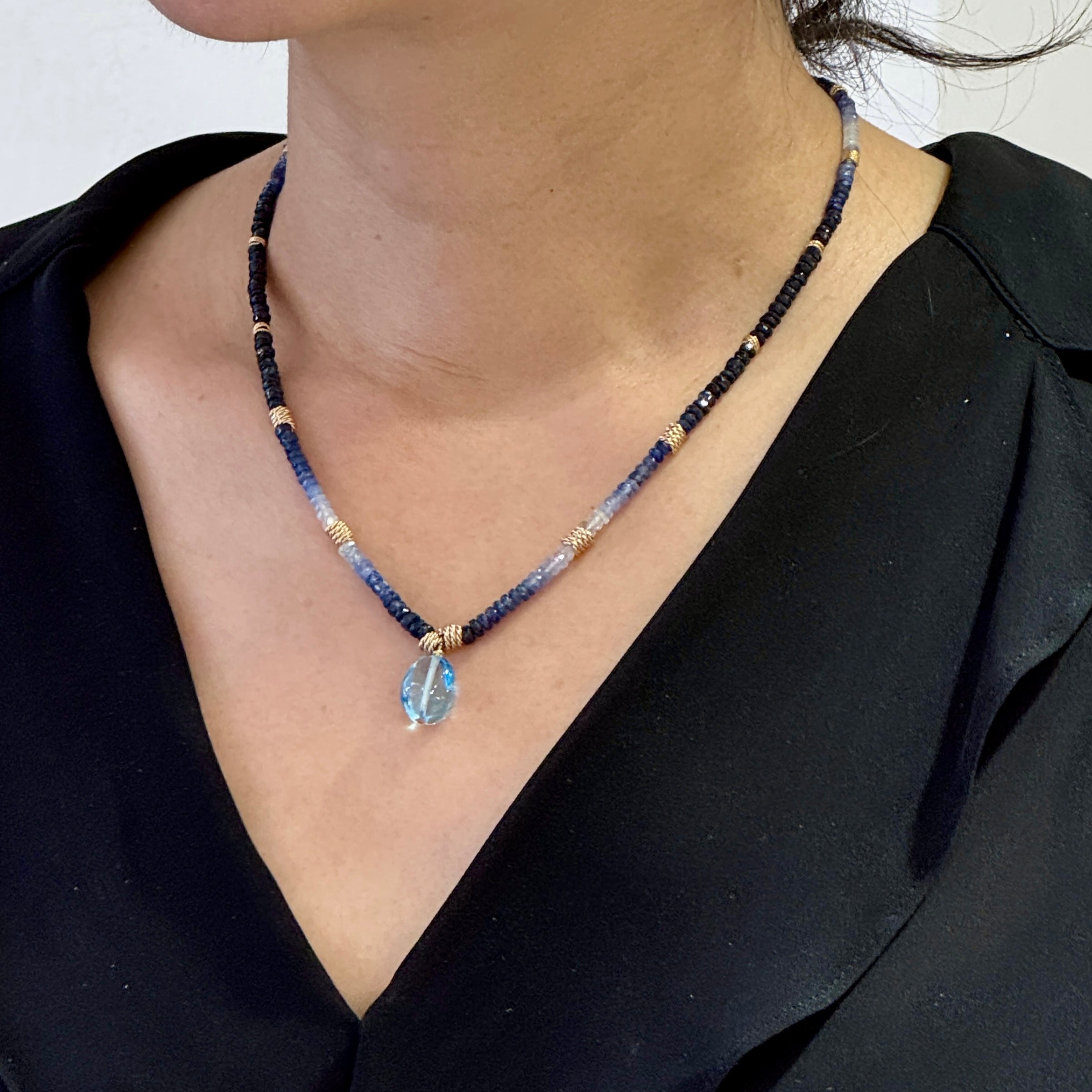 Ombre Sapphire With Sky Blue Bean Pendent Necklace