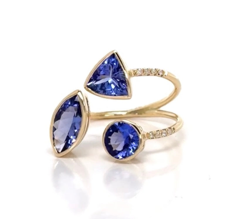 Three Tanzanite Geometric Diamond Open End Ring 14k
