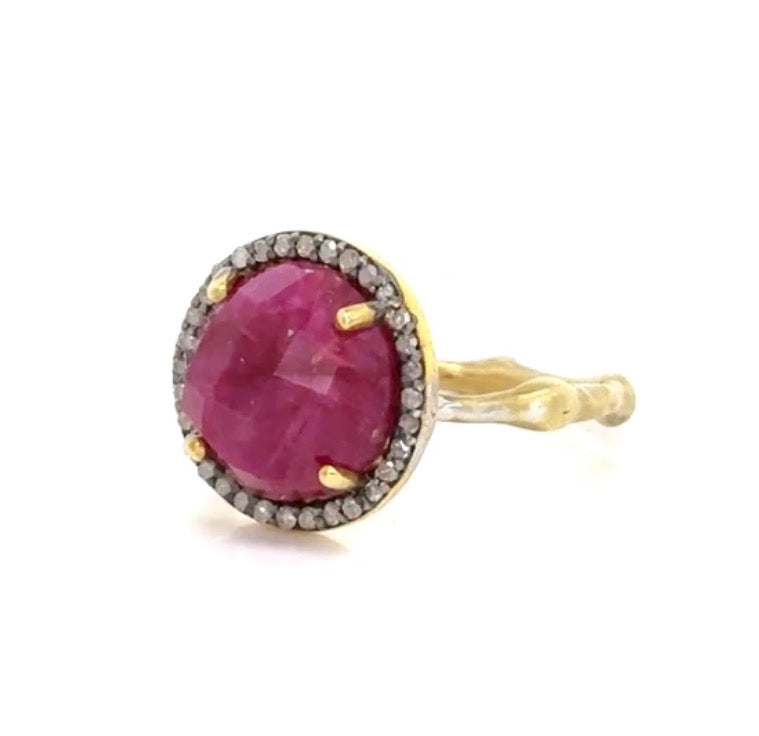 Full Moon Gem Halo Diamond Bamboo Ring - dyed ruby or moonstone