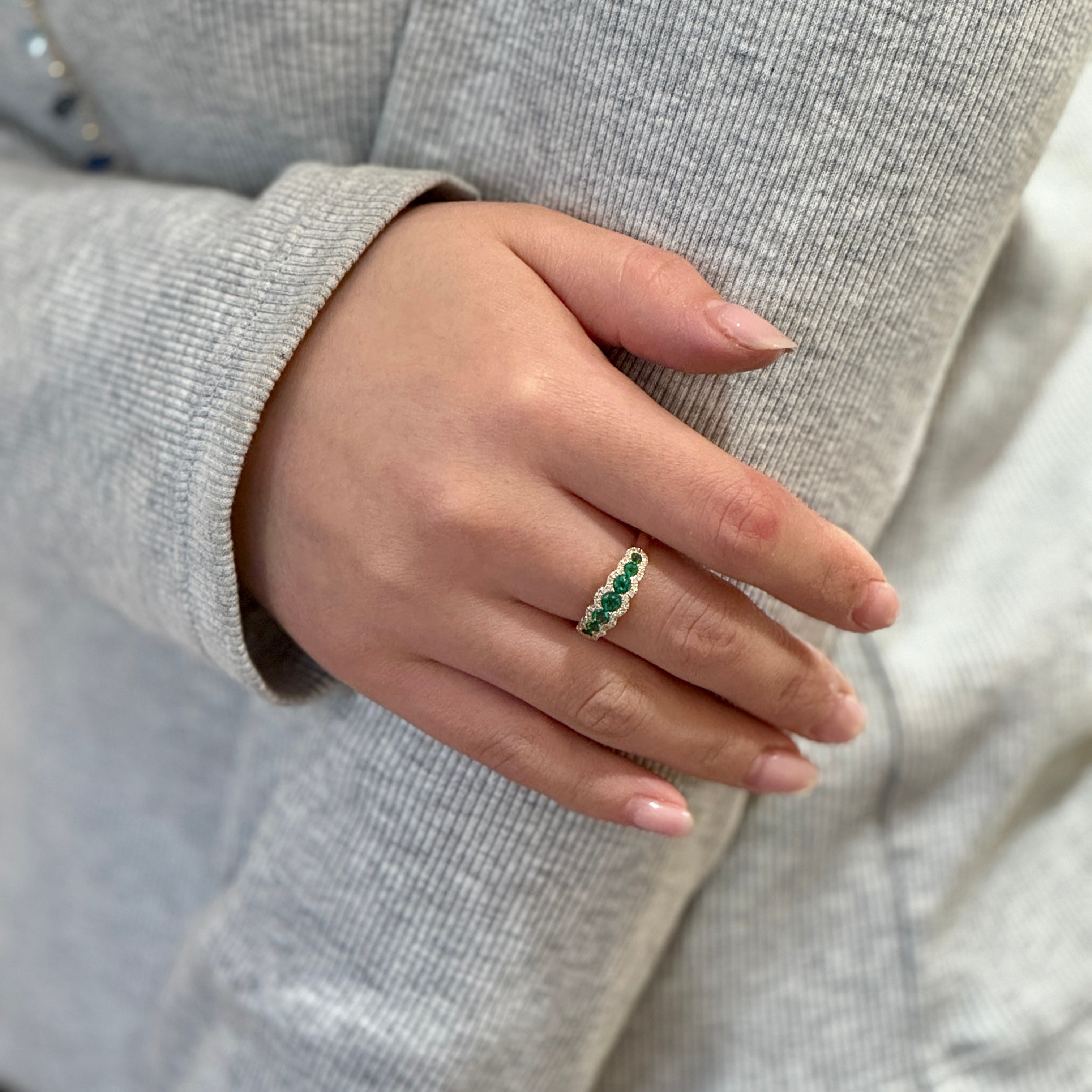 Emerald Diamond Row Crown Ring 18k
