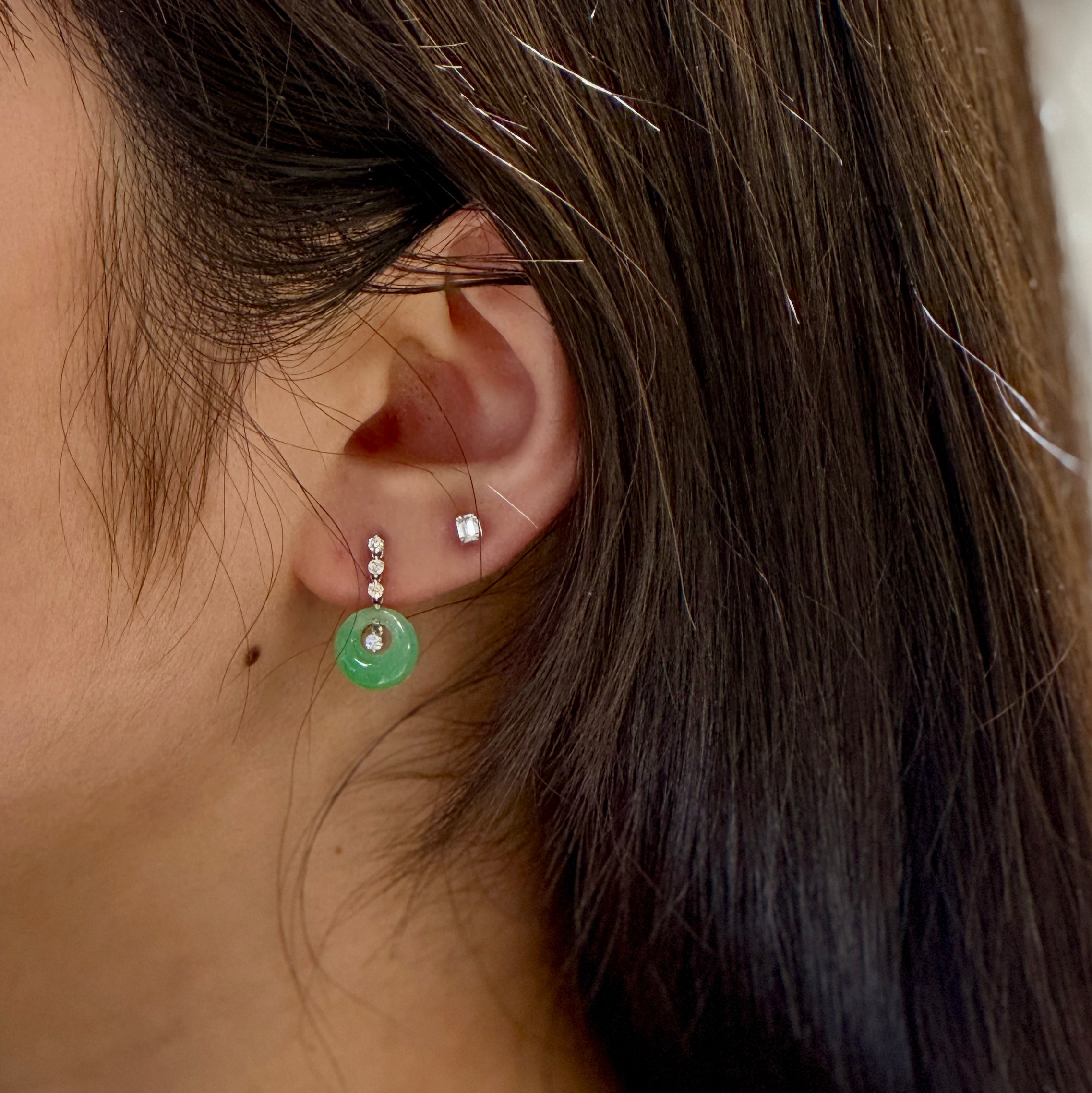 Diamond Row with Jade Drop Post Earrings In 14K White Gold