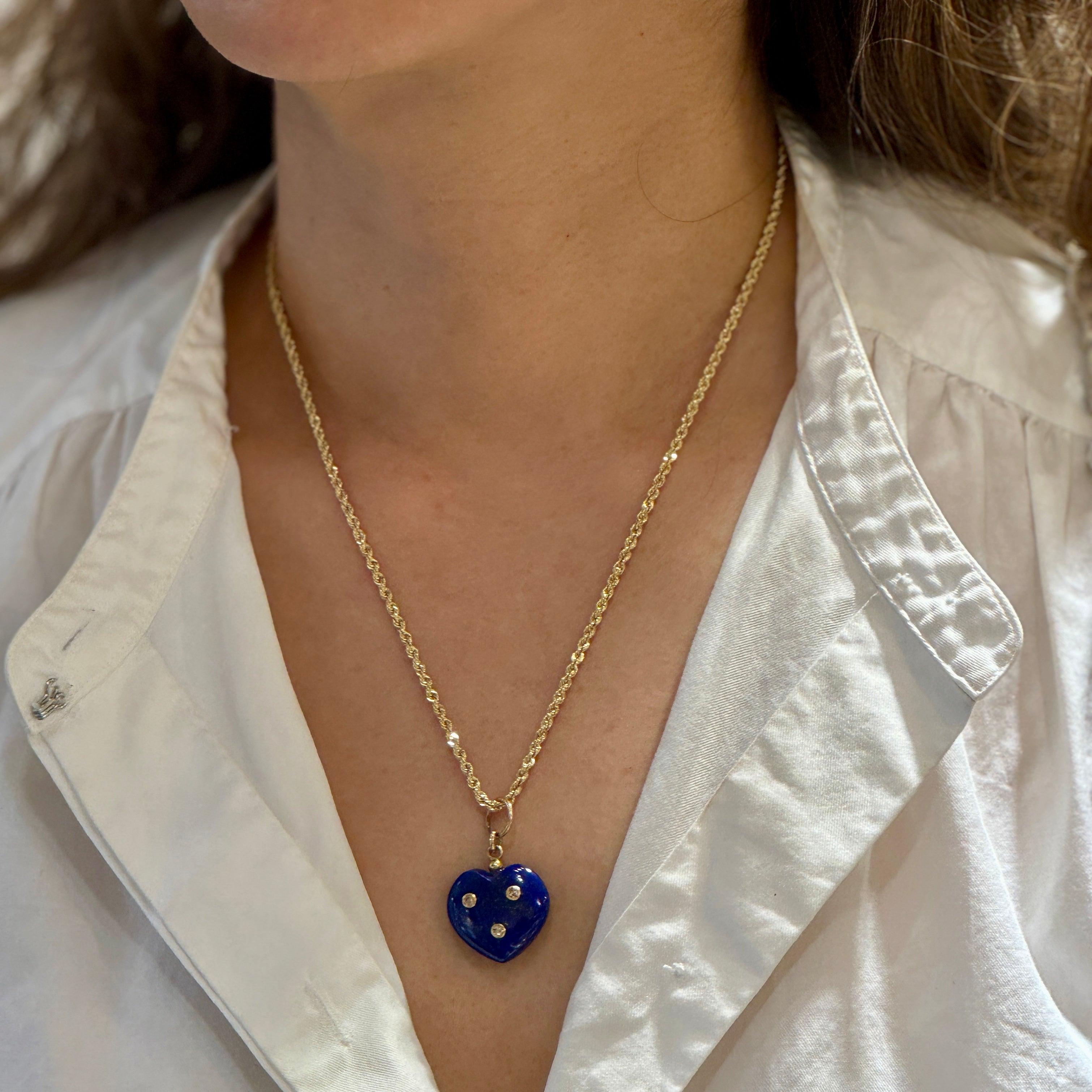 Lapis Heart Pendant Rope Chain Necklace In 14K