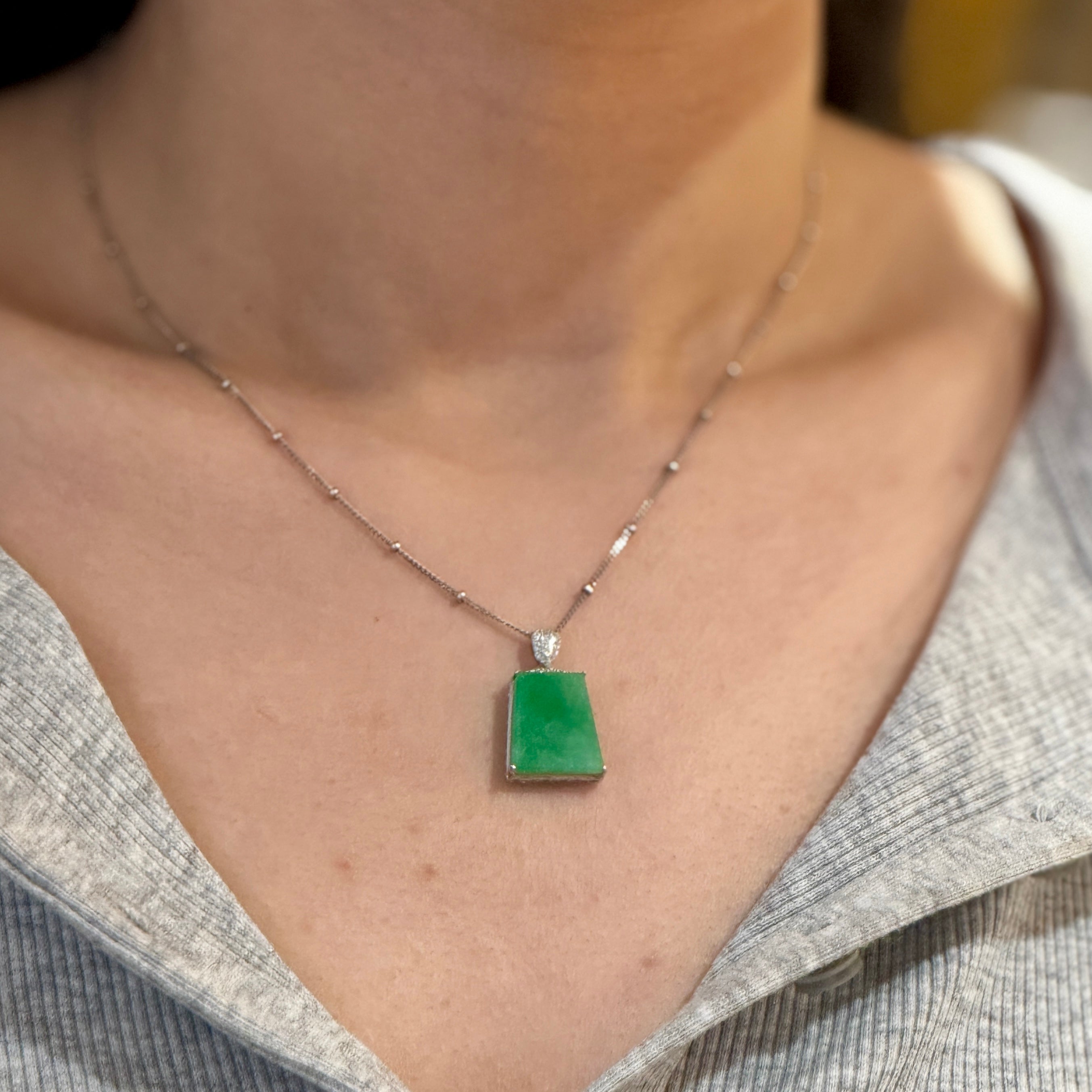 Trapezoid Jade Pendant Necklace In 14K White Gold