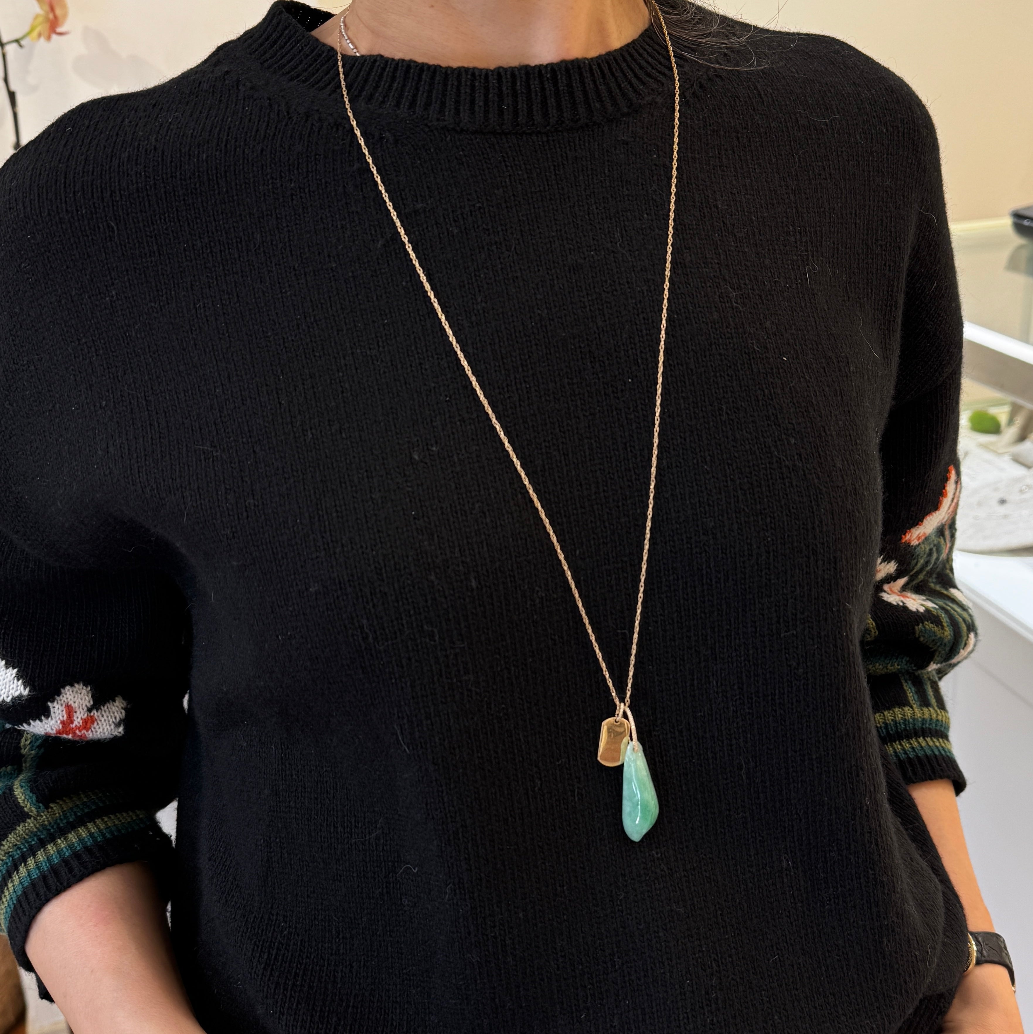 Jade Gold Tag Pendant Long Necklace In 14K
