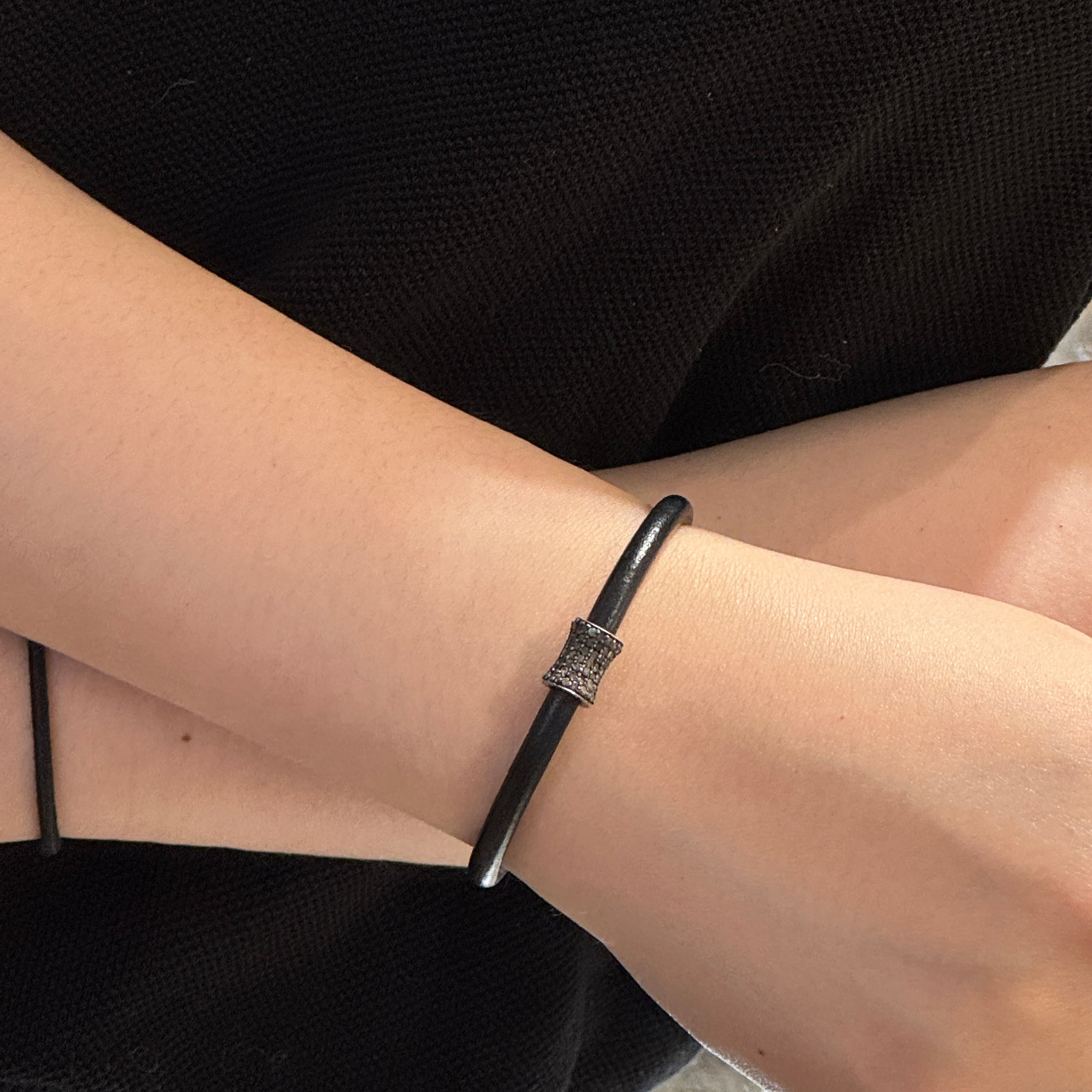 Leather Pave Diamond Cylinder Tube Bracelet
