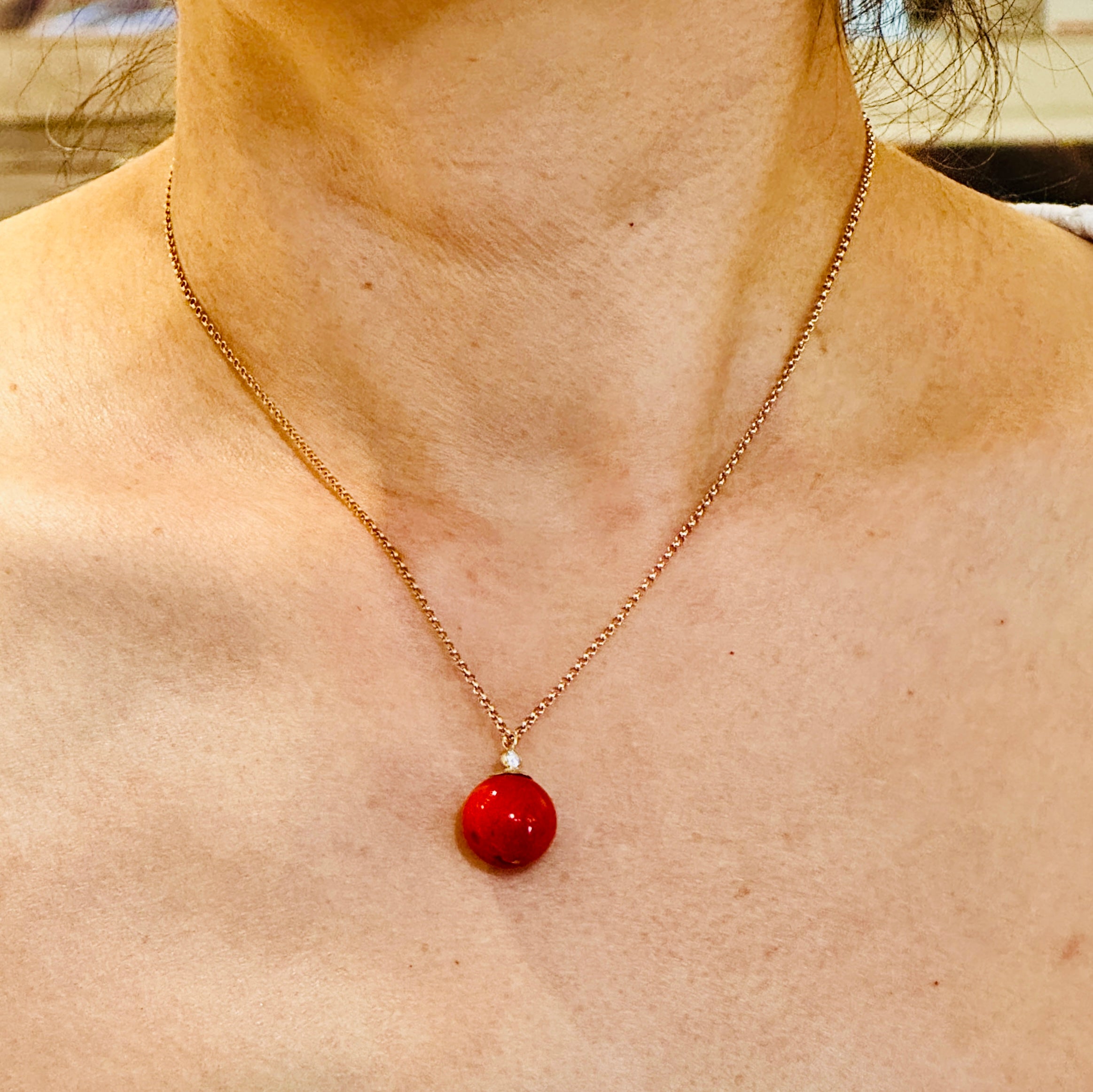 Coral Ball Pendant Necklace in 14k