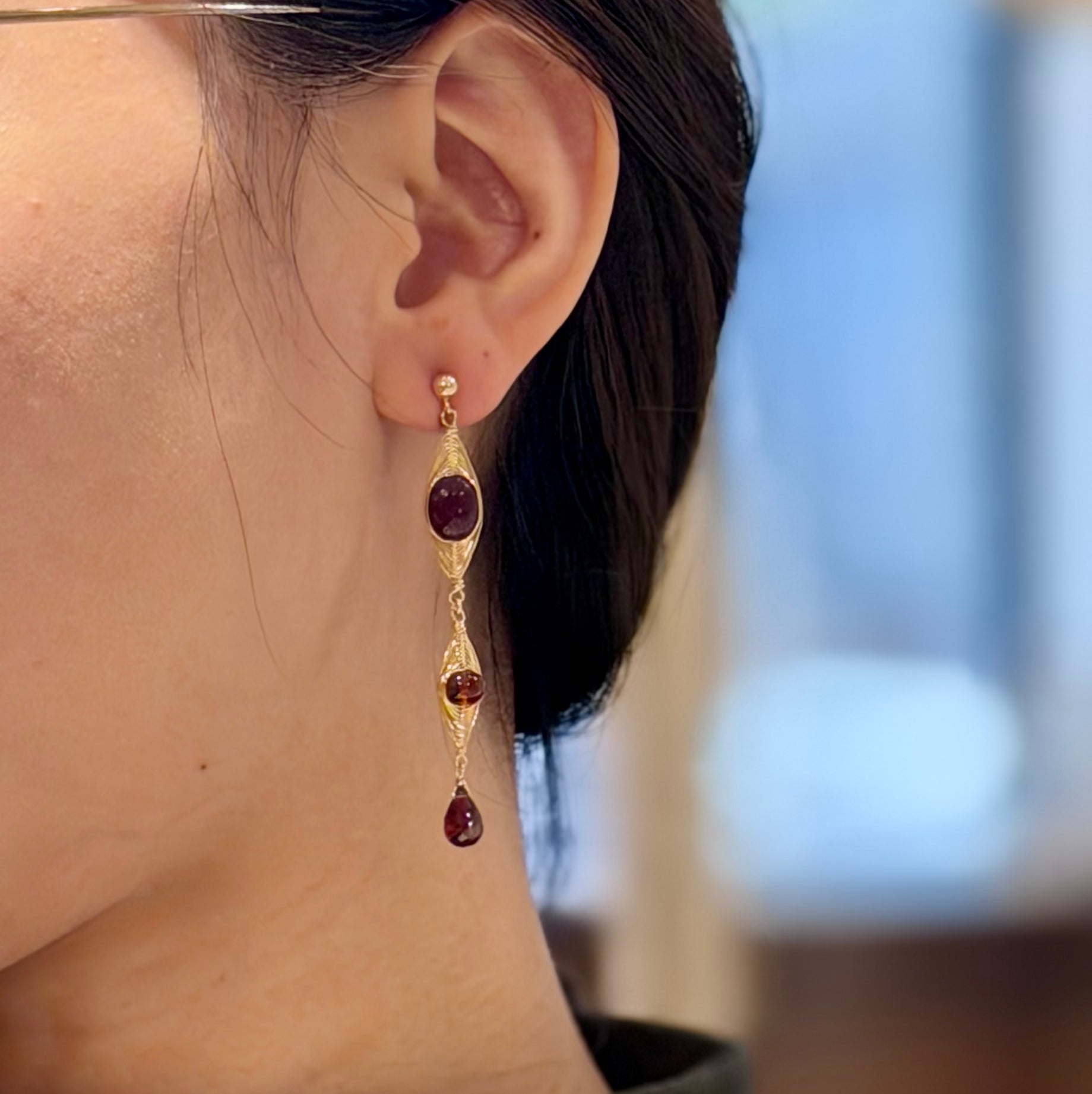 Hagia Gem Wired Drop Earrings - Red