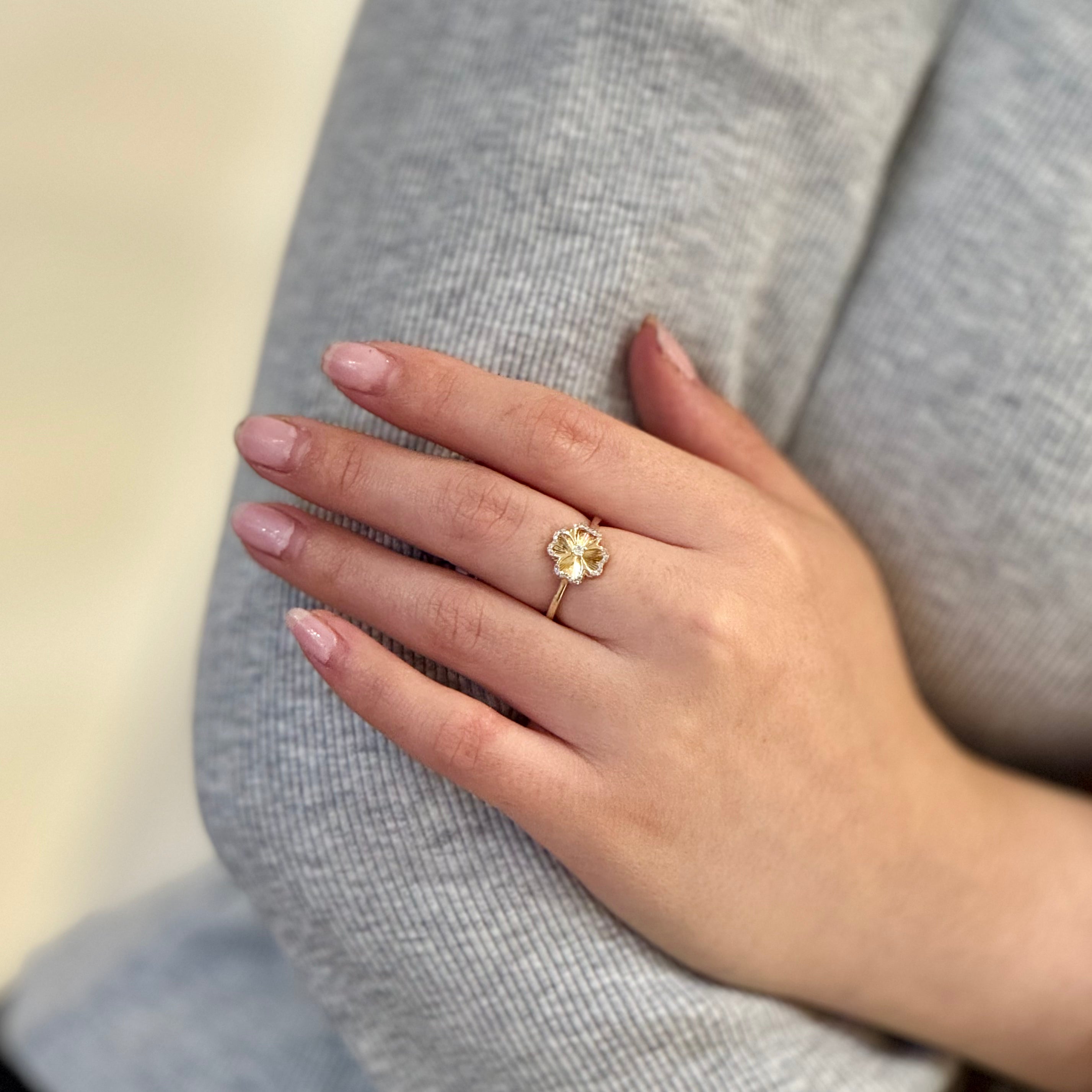 Clover Diamond Flower Studs Ring In 10K
